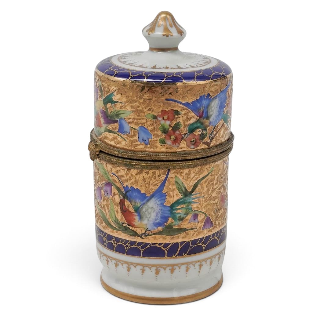 French Camille Le Tallec Enameled Porcelain Lidded Jar: French Camille Le Tallec Enameled Porcelain Lidded Jar 20th Cent., French French porcelain trinket box featuring intricate, heavy gold-encrusted gilding overlaying a cobalt blue base. Marked "Le Talle