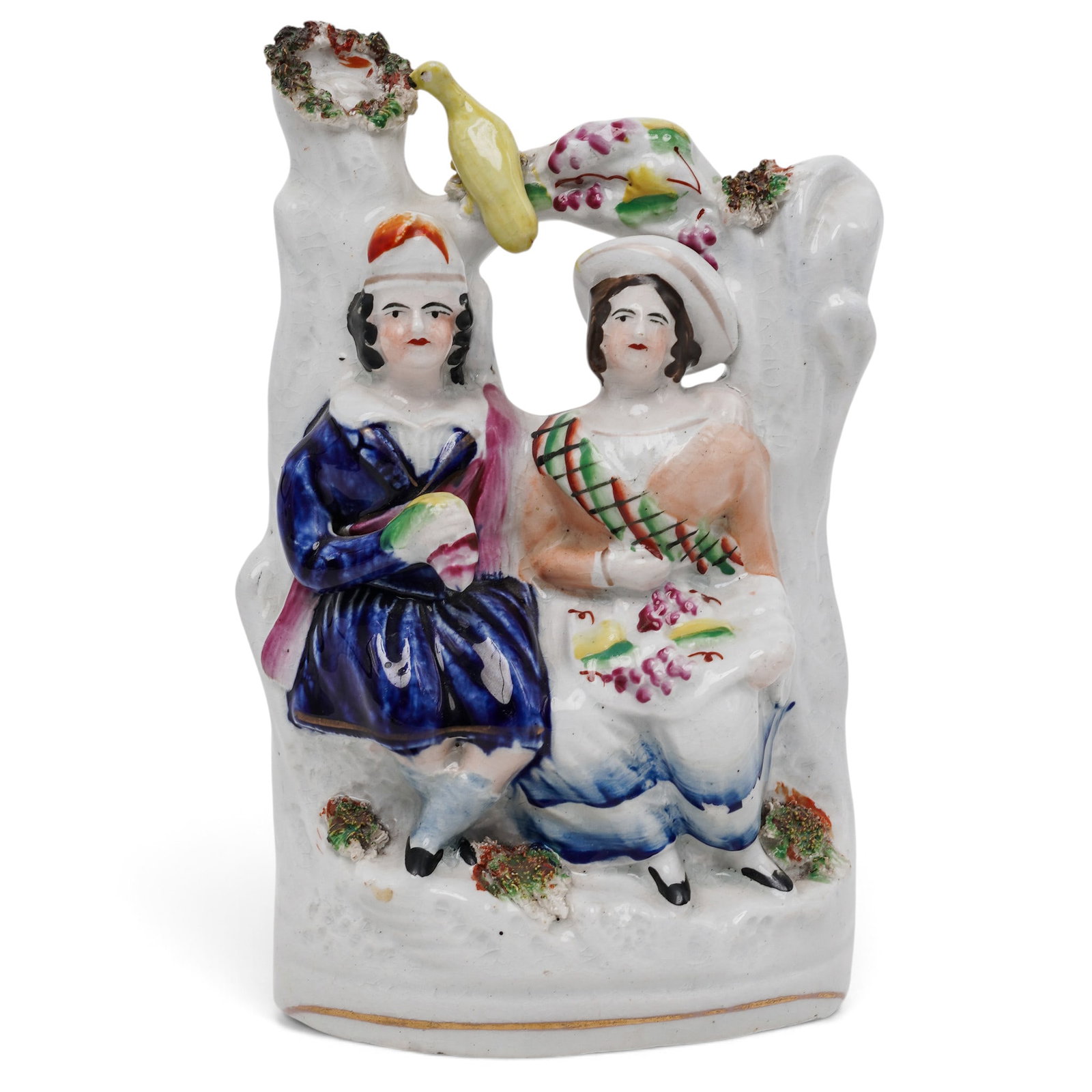 19th Cent. English Staffordshire Porcelain Figurine: 19th Cent. English Staffordshire Porcelain Figurine 19th Cent., English This item is an antique Victorian Staffordshire "flatback" figural pottery ornament depicting a seated Scottish courting couple.
