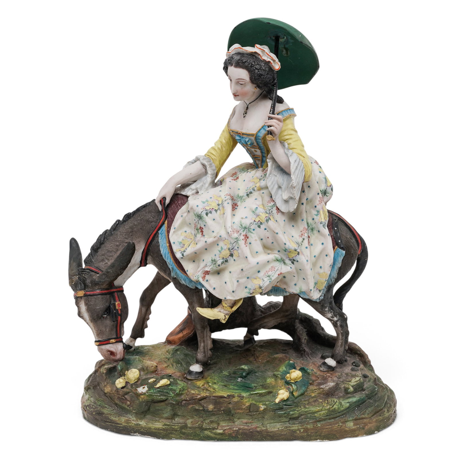 Antique Porcelain Figurine, Signed: Antique Porcelain Figurine, Signed Late 19th to early 20th Cent., European This porcelain figurine depicts an elegant 18th-century-style lady riding a donkey while holding a green parasol. She wears a