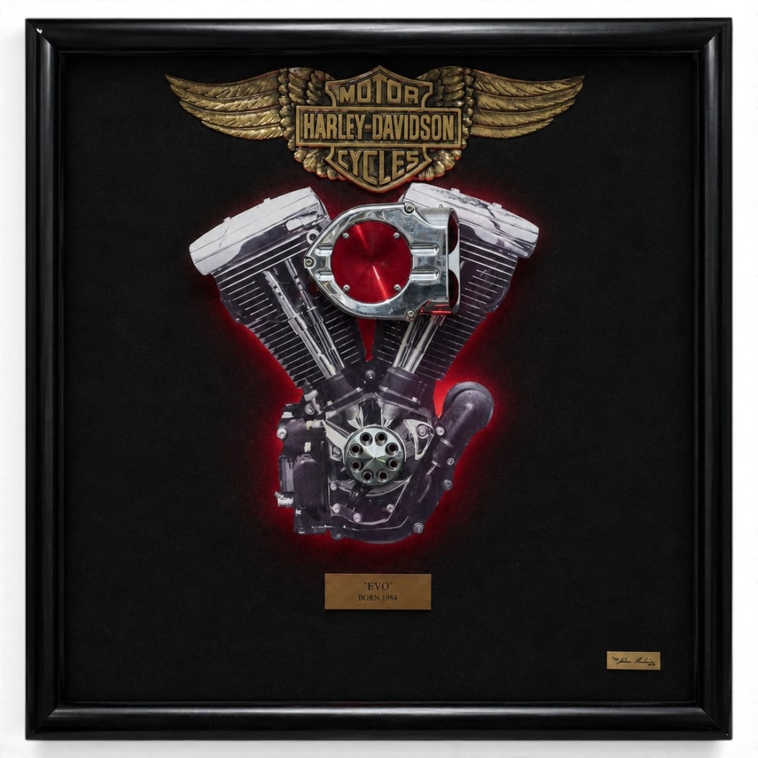 Limited Edition 3-D Harley Davidson Evo V-twin Engine Wall Display: Limited Edition 3-D Harley Davidson Evo V-twin Engine Wall Display 1993, USA Vintage 3-D wall-mounted display featuring a detailed representation of a Harley-Davidson Evolution (“Evo”) V-Twin 