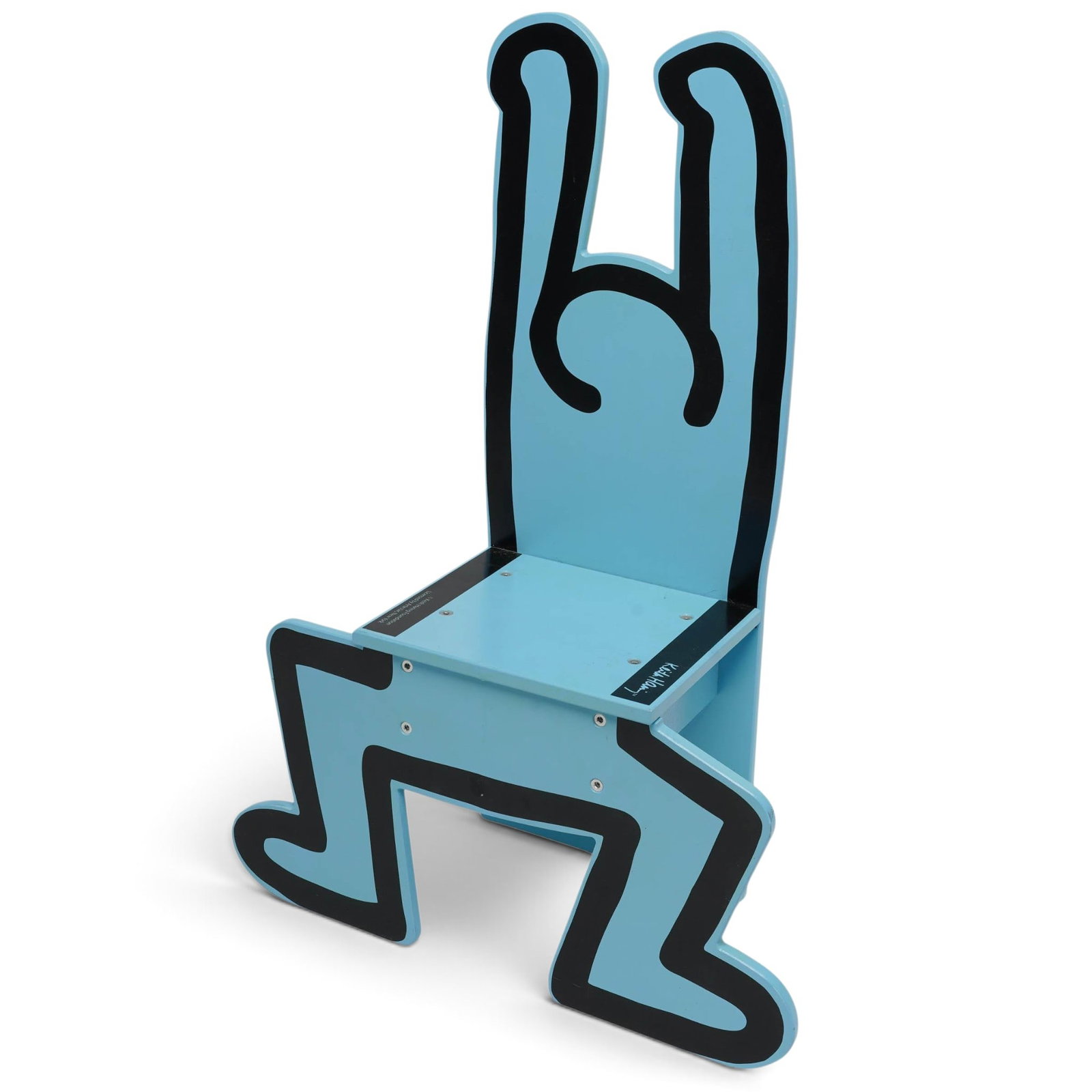 Keith Haring x Vilac Blue Children's Chair: Keith Haring x Vilac Blue Children's Chair Early 21st Century, France A blue lacquered wooden children's chair designed by Keith Haring and produced in France by Vilac, featuring Haring's distinctive 