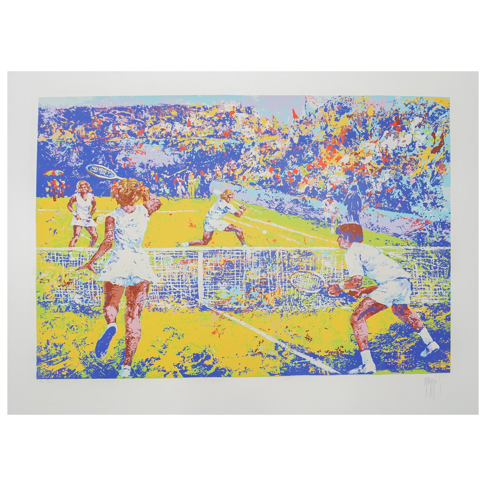 Mark King (American 1931-2014) "Tennis" Lithograph: Mark King (American 1931-2014) "Tennis" Lithograph 1977, USA The print depicts a lively tennis match in progress, featuring several players and a large crowd of spectators in the background. It is a s