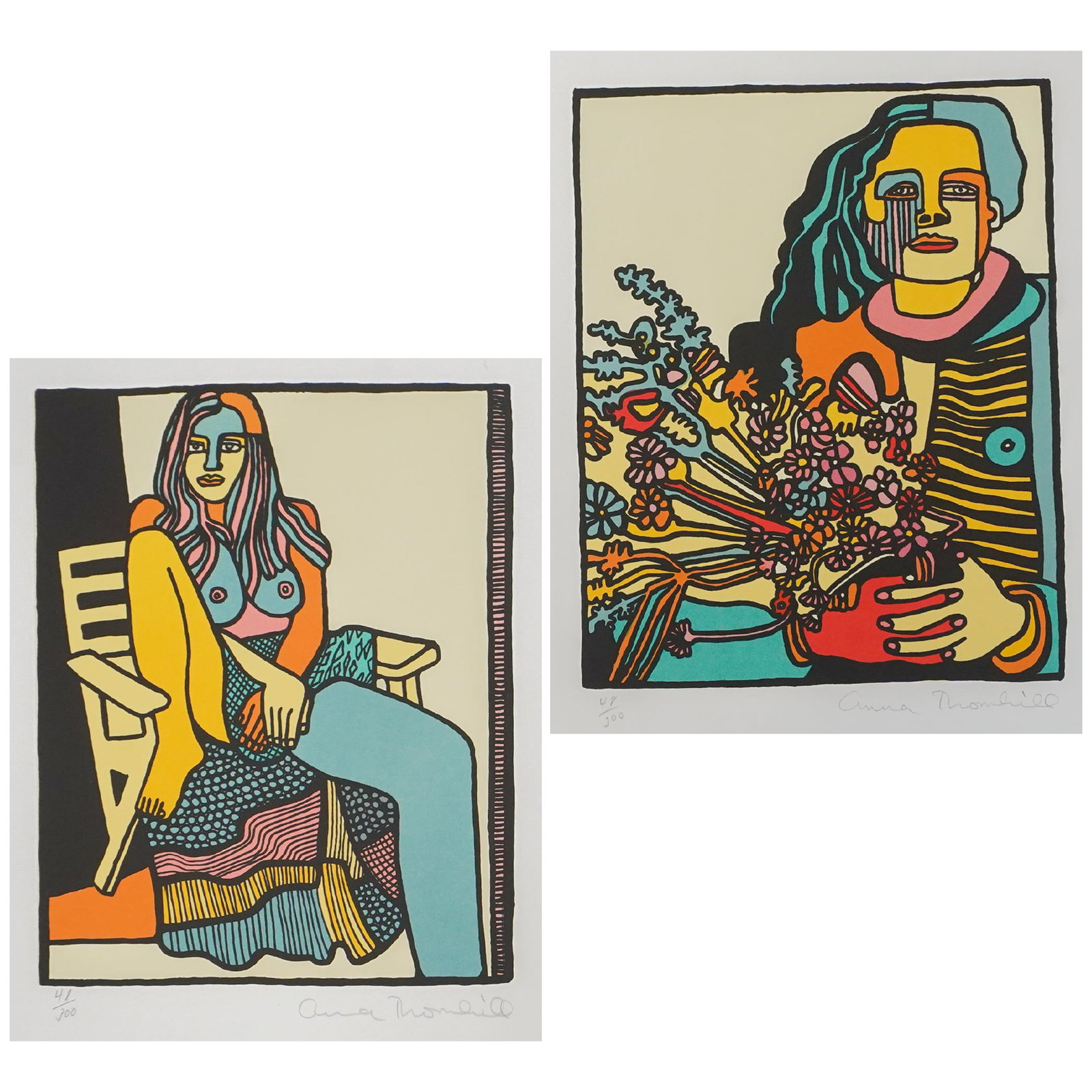 Pair of Anna Thornhill (German, b. 1940) LE Lithographs: Pair of Anna Thornhill (German, b. 1940) LE Lithographs 20th c., USA Two lithographs titled "Floral Delite" and "Free Spirit" signed by the artist and numbered 48/300 in pencil at the bottom. L: 16" W