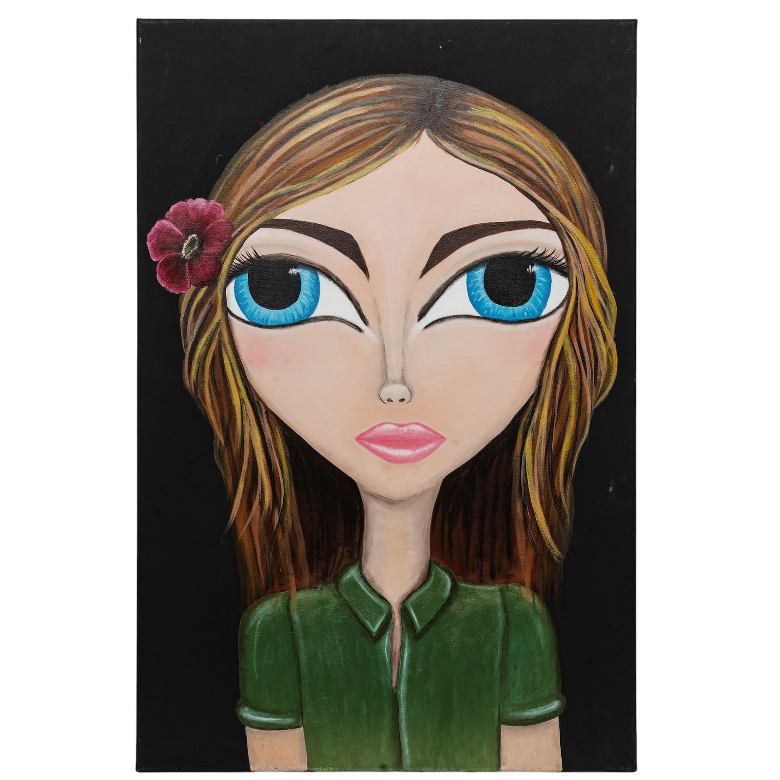 After Margaret Keane Acrylic on Canvas: After Margaret Keane Acrylic on Canvas 20th century, USA Large portrait featuring a stylized female figure with prominent wide blue eyes and a flower in her hair, reminiscent of contemporary pop-surre