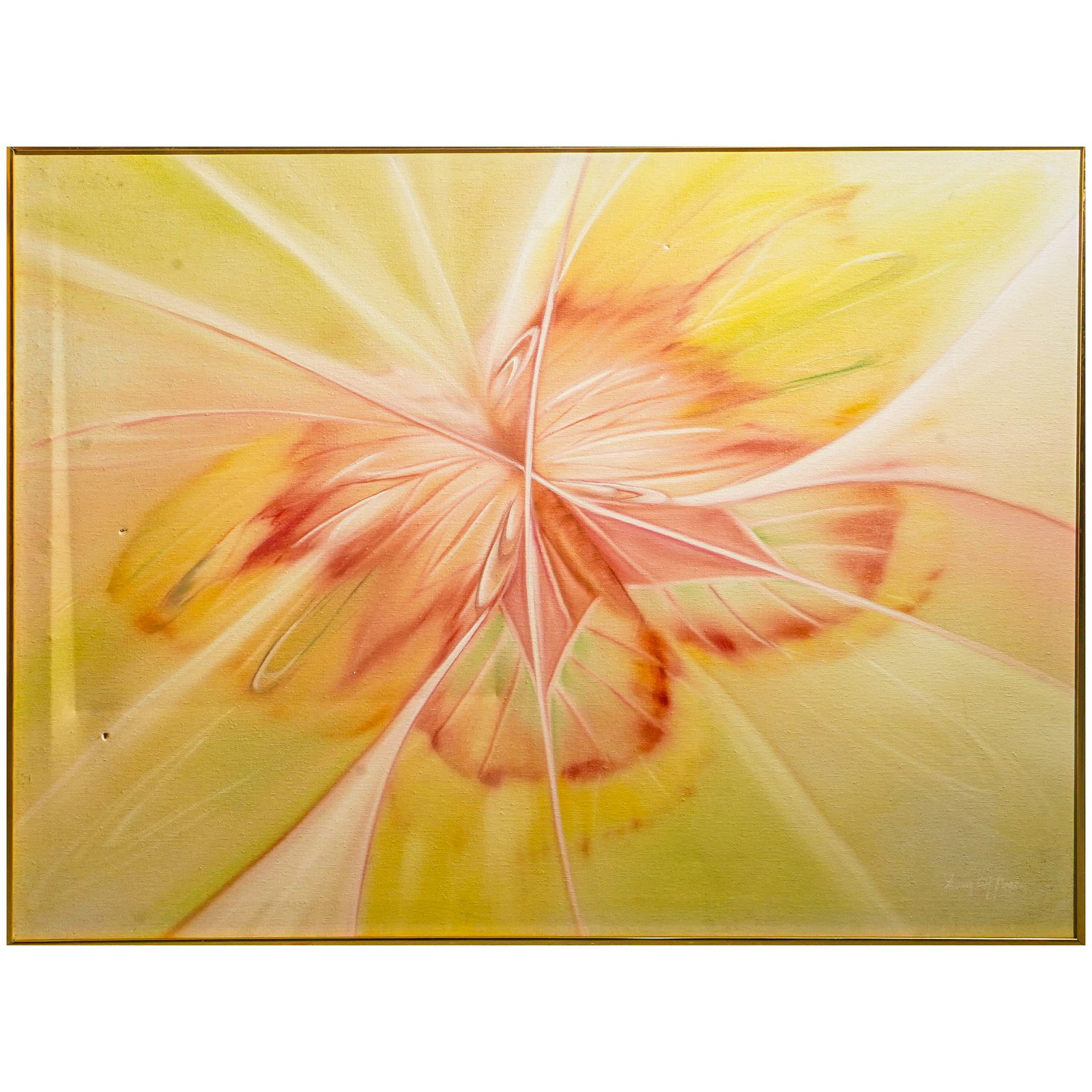 Signed Mid-Century Floral Oil Painting: Signed Mid-Century Floral Oil Painting Mid 20th century, Continental A signed abstract floral oil on canvas painting in shades of yellow, green, and blush pinks. Signed in bottom right by artist, like