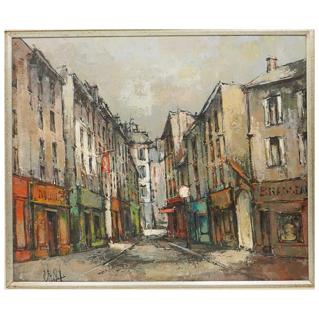 Signed Oil on Canvas Street Scene: Signed Oil on Canvas Street Scene 20th century, Continental An oil on canvas painting of a street sene. Signed likely "Caesar" in bottom left. Brushed gold wooden frame. Frame 25 3/4" x 29 3/4" Art 19