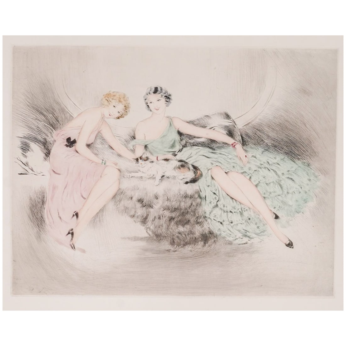 After Louis Icart (French, 1880) Color Engraving: After Louis Icart (French, 1880) Color Engraving Early 20th Cent., France After Louis Icart (French, 1880) color engraving with aquatint on Arches woven paper depicting a pair of seated elegant ladies