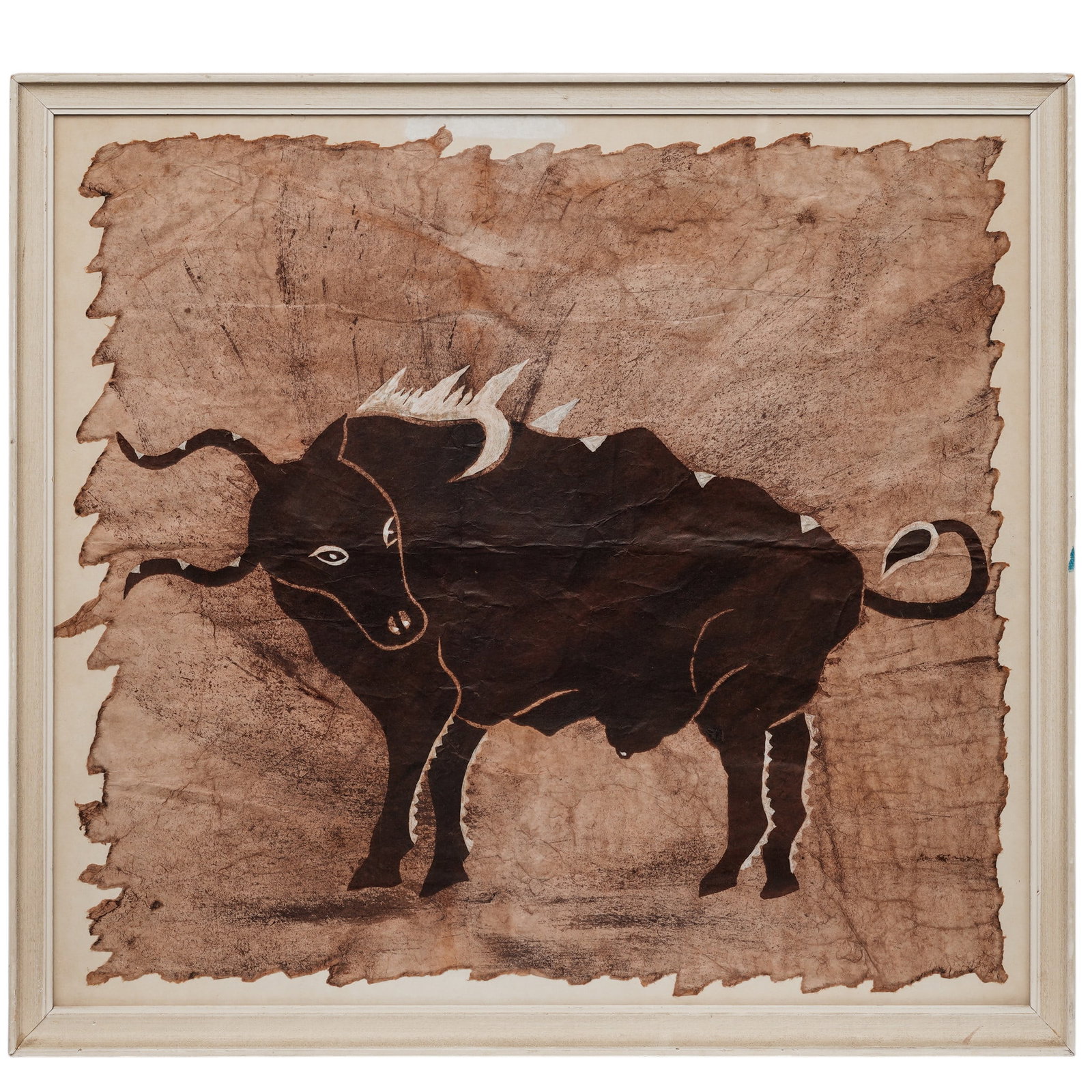 Vintage Mexican Amate Bark Bull Painting: Vintage Mexican Amate Bark Bull Painting Mid 20th Century, Mexican A vintage Mexican folk art painting on hand-formed amate bark paper, depicting a stylized black bull in profile against a natural bro