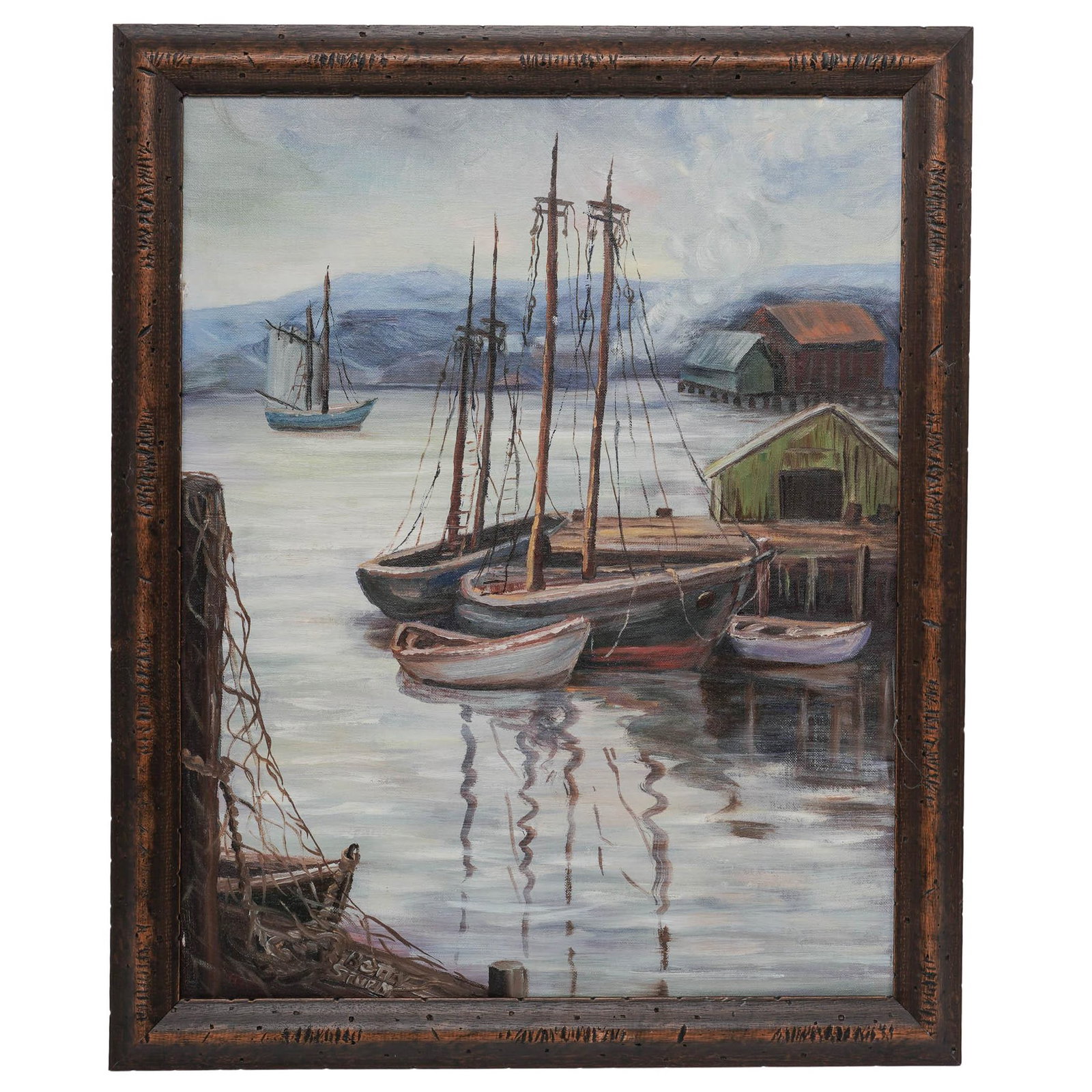 Artist Signed Harbor Scene Oil on Canvas: Artist Signed Harbor Scene Oil on Canvas 20th Cent, Likely USA Oil painting of two sailboats on a natural body of water, surrounded by two dock houses and hills in the distance. Signed by artist on lo