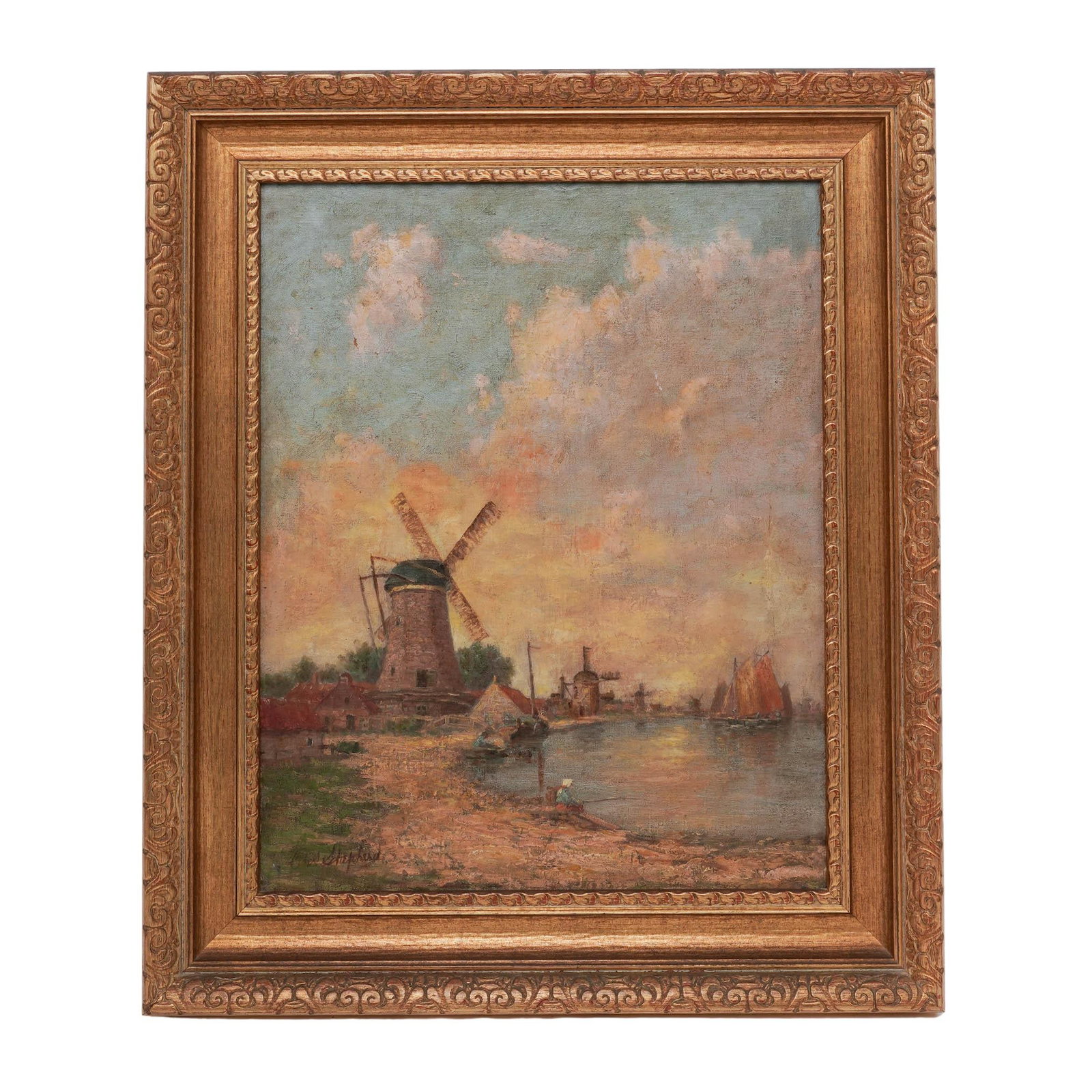 CW Shepherd Dutch Canal Landscape Oil on Board: CW Shepherd Dutch Canal Landscape Oil on Board Late 19th-early 20th century, Dutch A Dutch canal landscape oil on board. Signed in lower left corner "CW Shepherd". Gilt wood frame. Frame H 25.5" x W 2