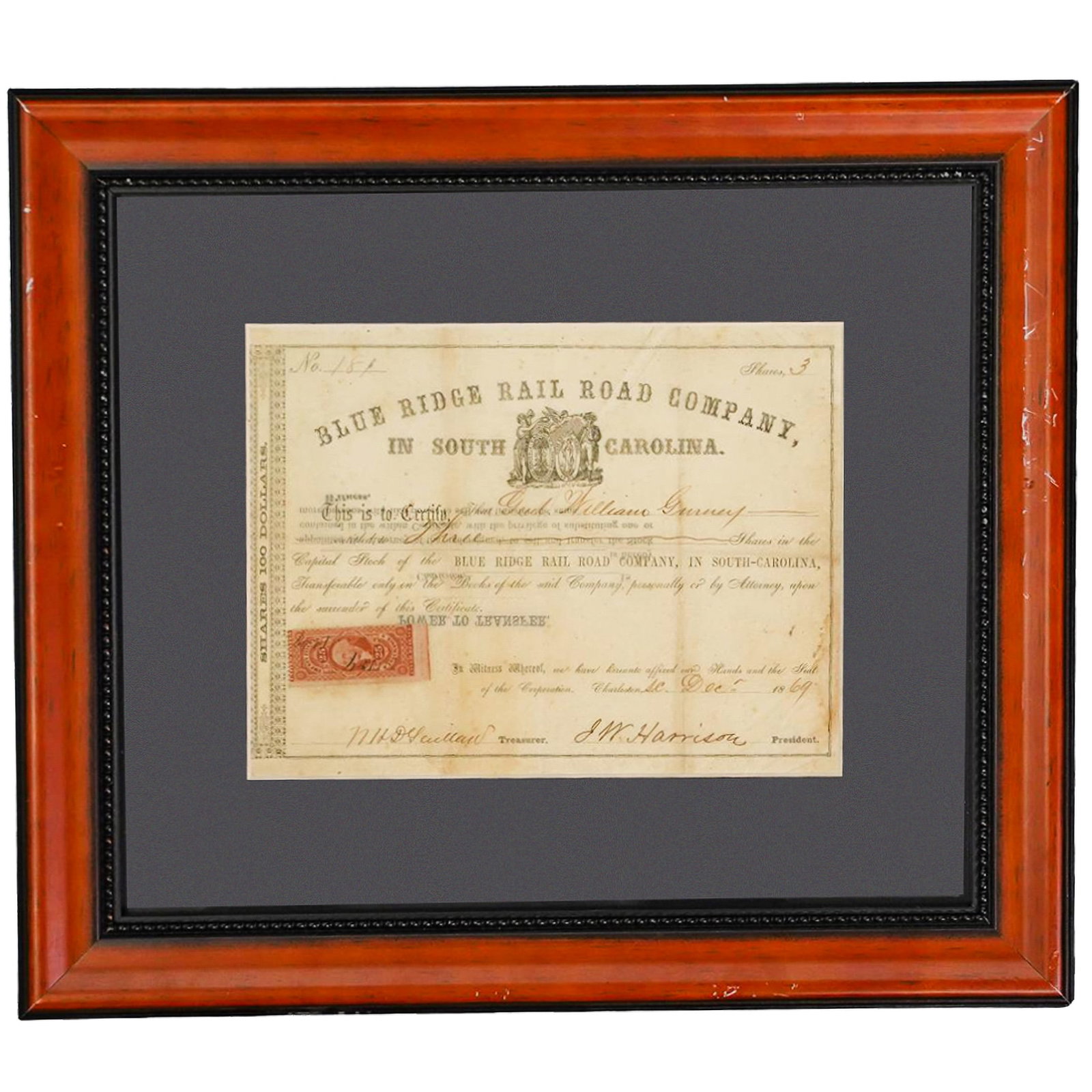 Framed Blue Ridge Rail Road Company Antique 100 Dollars Shares (1 of 5)
