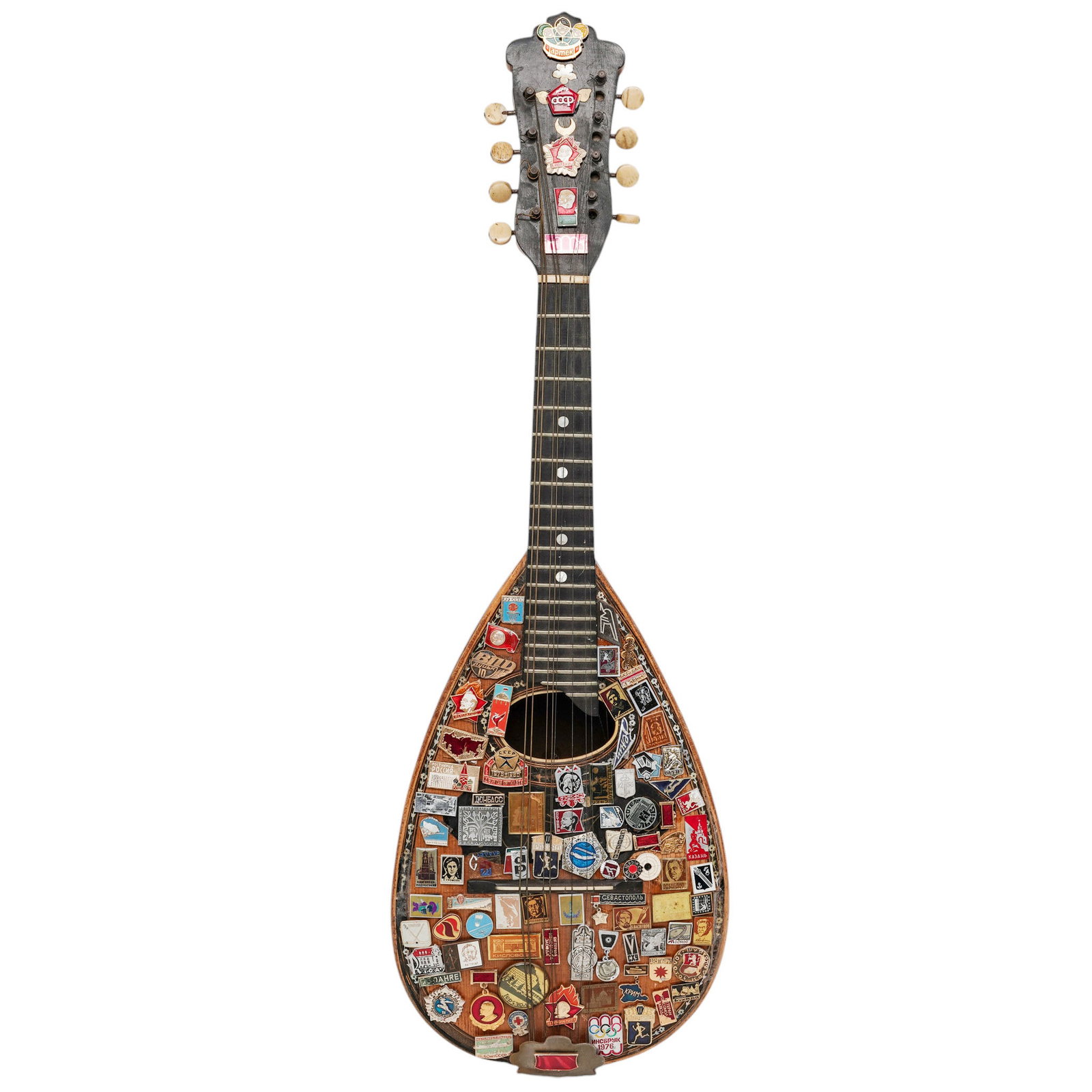 Vintage Soviet Era Pin Decorated Bowl Back Mandolin: Vintage Soviet Era Pin Decorated Bowl Back Mandolin Late 20th Century, Russia Vintage bowl back mandolin featuring a traditional rounded Neapolitan-style body with a decorative, mother-of-pearl inlay