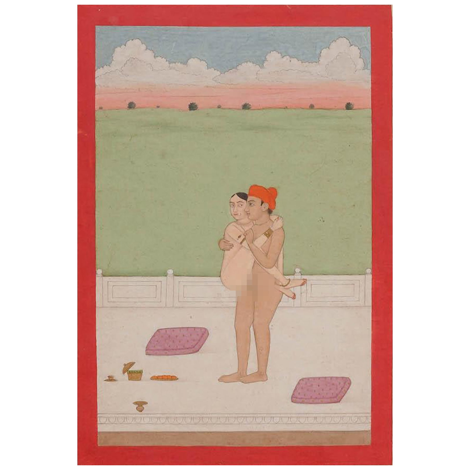 Antique Indian Erotic Gouache PAinting: Antique Indian Erotic Gouache PAinting 19th century, Indian Traditional South Asian painting, gouache and watercolor on paper depicting an intimate / romantic architectural terrace scene. Artwork: 8"