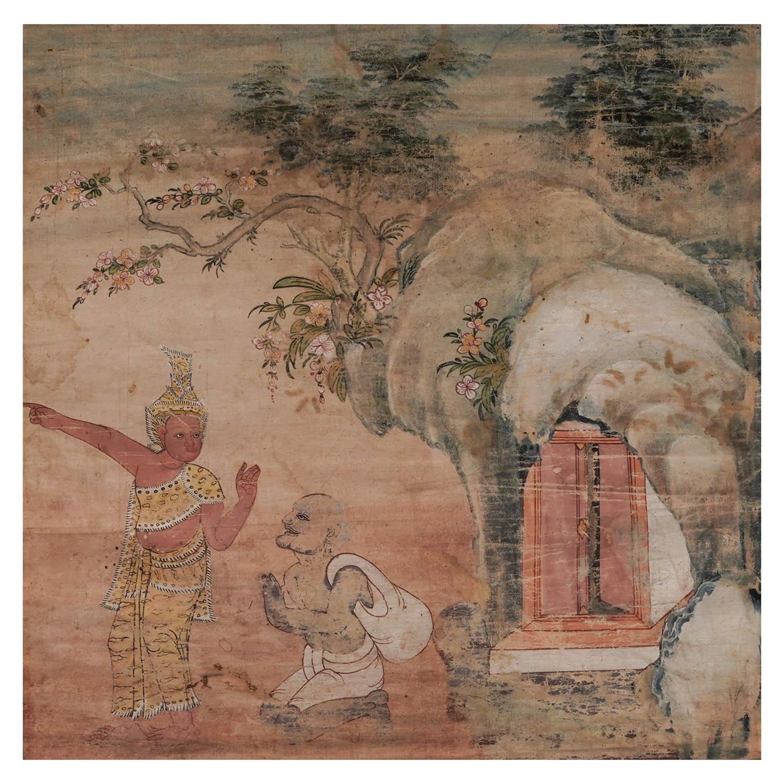 Antique Thai Buddhist Rattanakosin Ink on Cloth: Antique Thai Buddhist Rattanakosin Ink on Cloth 19th Cent, Thailand This artwork features a muted color palette of earthy browns, sage greens, and soft tans painted onto aged, textured cloth, filled