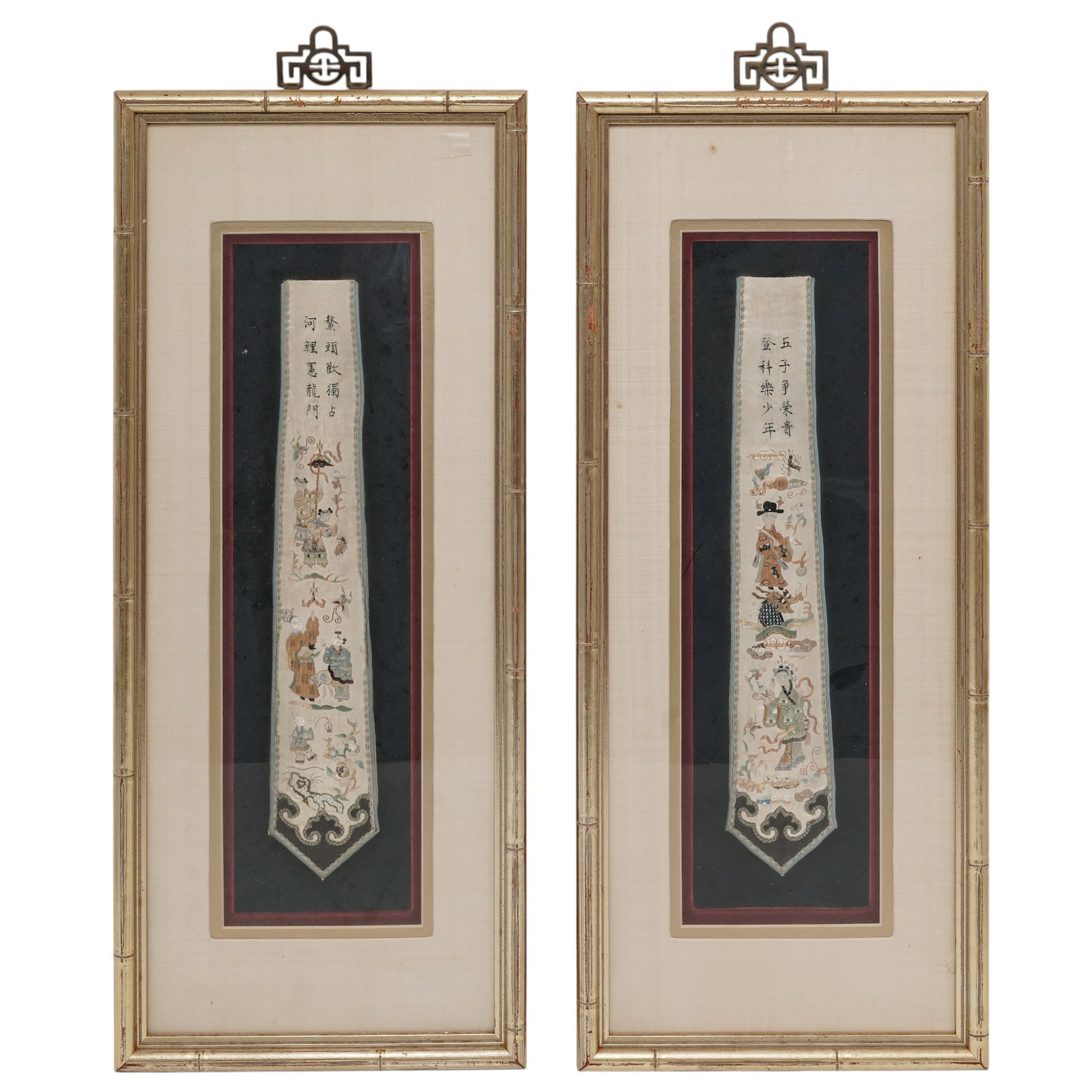 Pair Chinese Textile Embroidered Calligraphy Panels: Pair Chinese Textile Embroidered Calligraphy Panels 19th century, Chinese Pair of 19th century Chinese Qing Dynasty embroidered silk textile panels, traditionally repurposed from robe sleeve bands