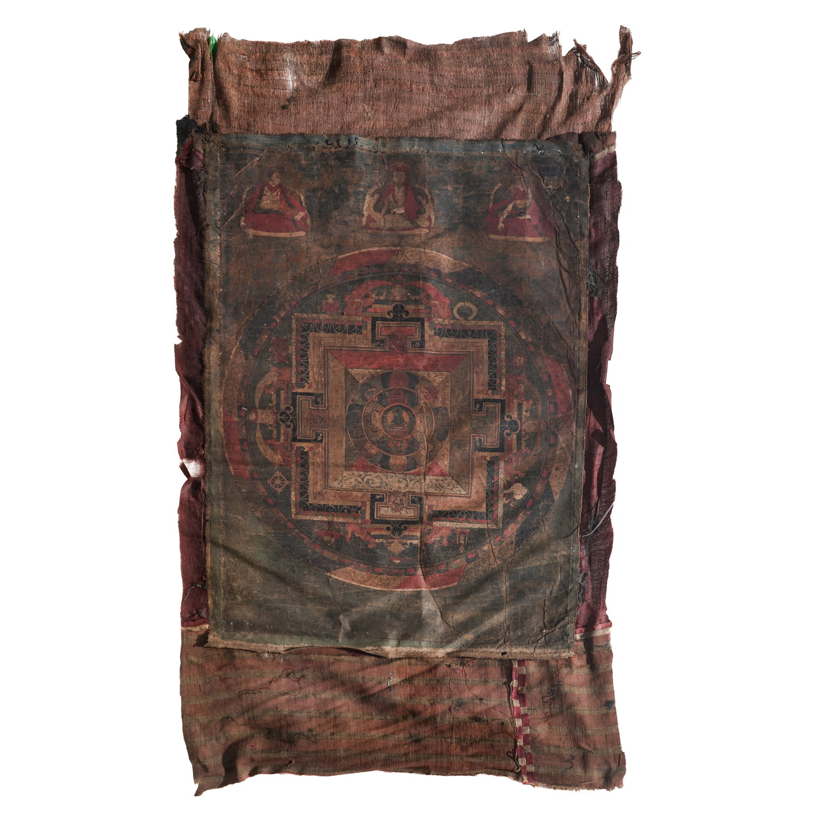 Antique Tibetan Thangka: Antique Tibetan Thangka Late 18th to 19th Century, Tibet A traditional Tibetan thangka depicting a central Buddhist mandala rendered in mineral and earth tones, surrounded by concentric geometric and