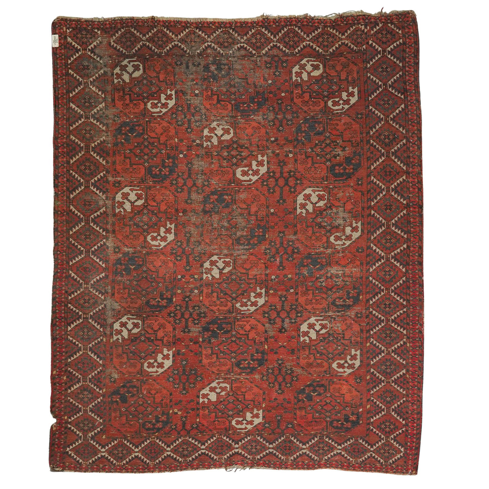 Antique Ersari Turkmen Wool Rug: Antique Ersari Turkmen Wool Rug 19th Cent. Middle-Eastern Large antique wool rug, featuring warm shades of reds, oranges, and tans, Ersari guls motif throughout, and hand knotted fringes along width