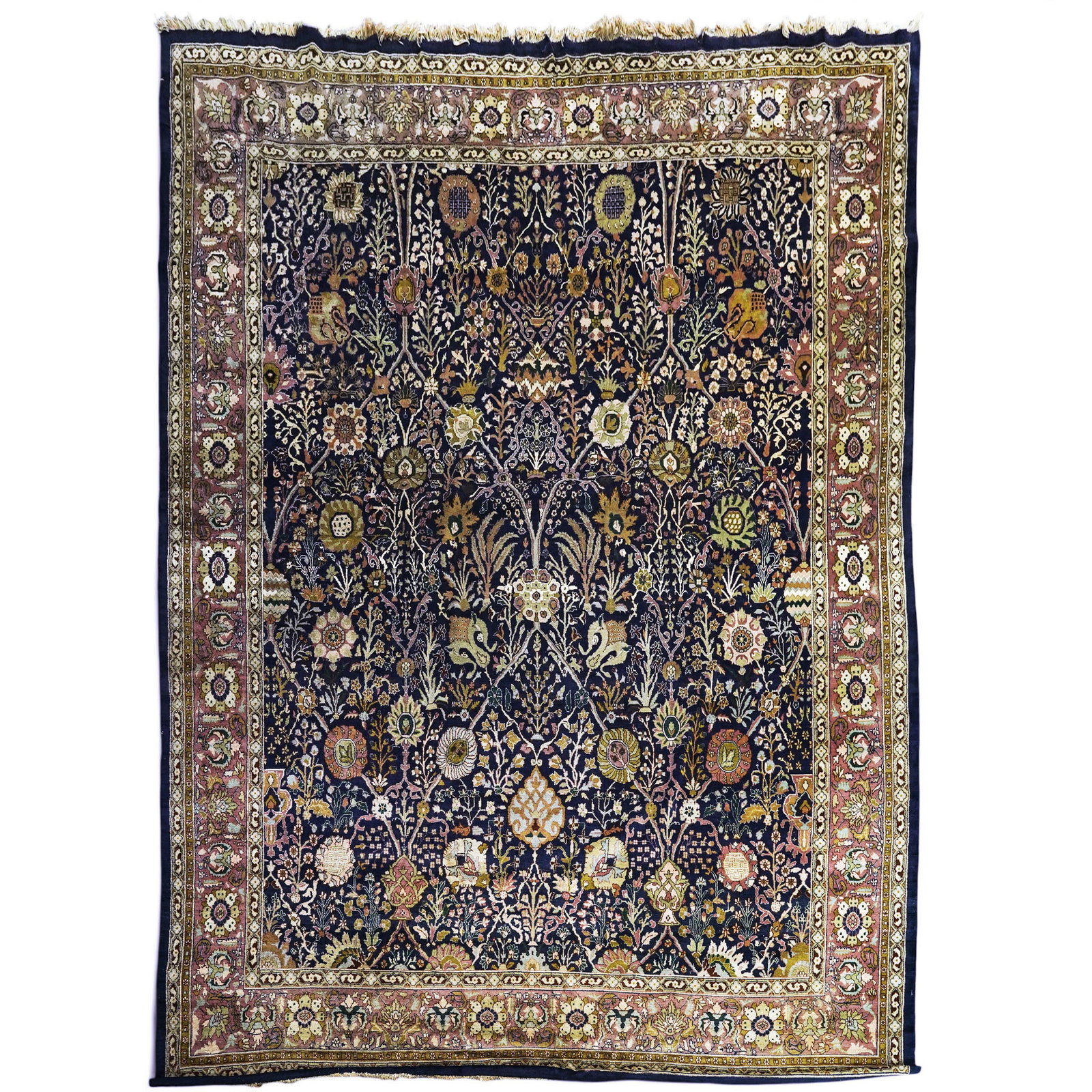 Persian Kashan Shah Abbas Wool Rug: Persian Kashan Shah Abbas Wool Rug 20th century This item is a large, hand-knotted Persian Kashan area rug featuring a classic Shah Abbas or "Tree of Life" allover floral motif over a deep navy blue