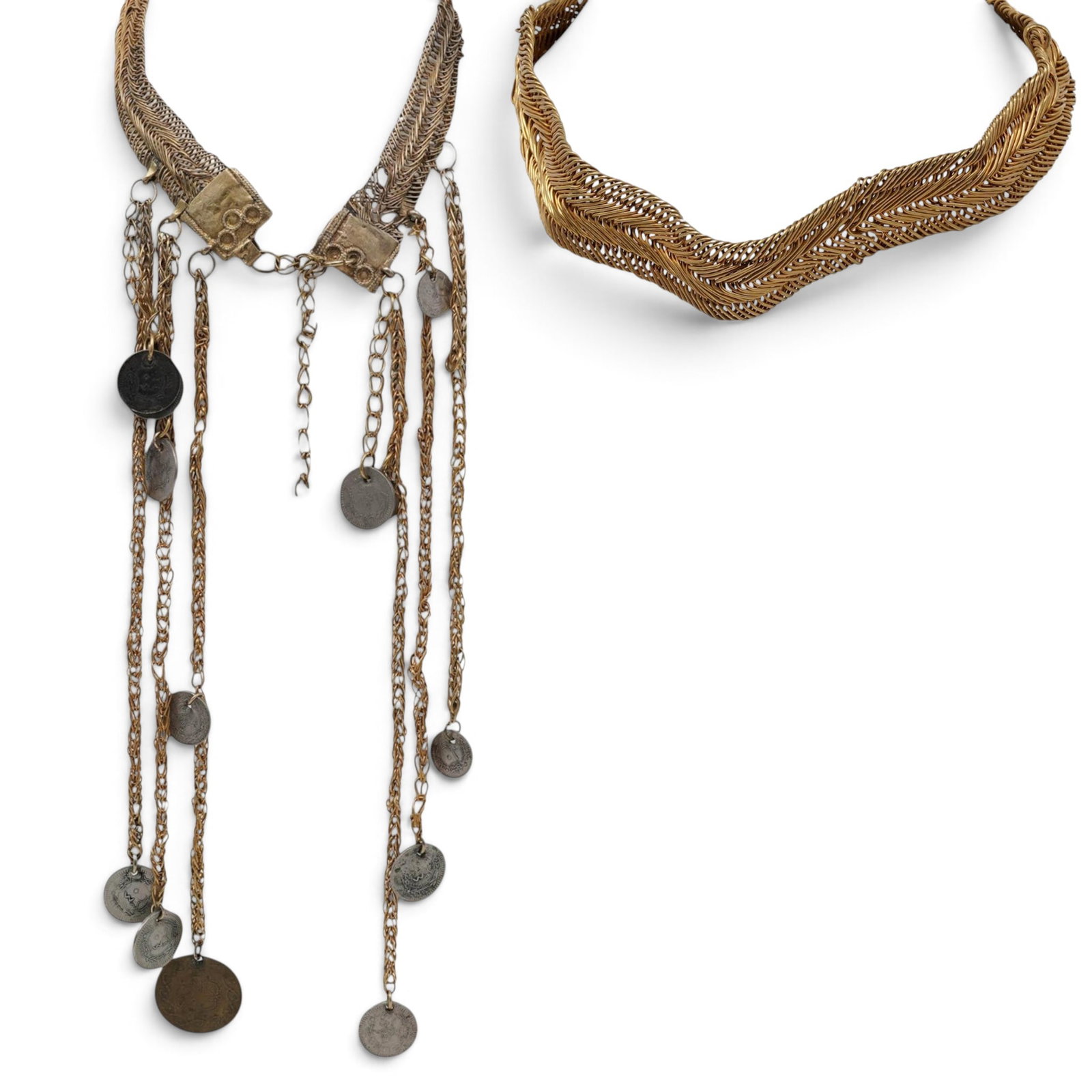 (2 pcs) Kurdish Bridal Coin Necklaces: (2 pcs) Kurdish Bridal Coin Necklaces Early 20th century Two Kurdish/Turkish braided gold-tone metal necklaces, one with coin pendants. Provenance: Private New York, NY Estate L (clasped) 6.5" - 9.5"