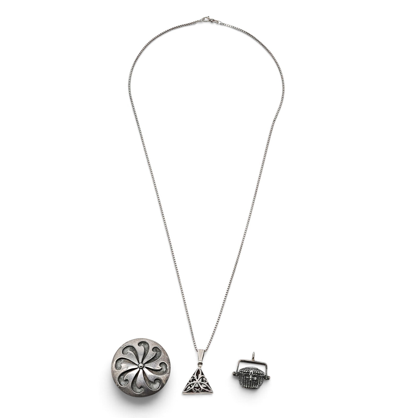 (3 Pcs) Sterling Silver Necklace Pendant & Brooch Lot: (3 Pcs) Sterling Silver Necklace Pendant & Brooch Lot 20th Cent., Mexican Three-piece sterling silver jewelry lot comprising a box-link necklace with openwork triangular pendant, a small hinged vessel