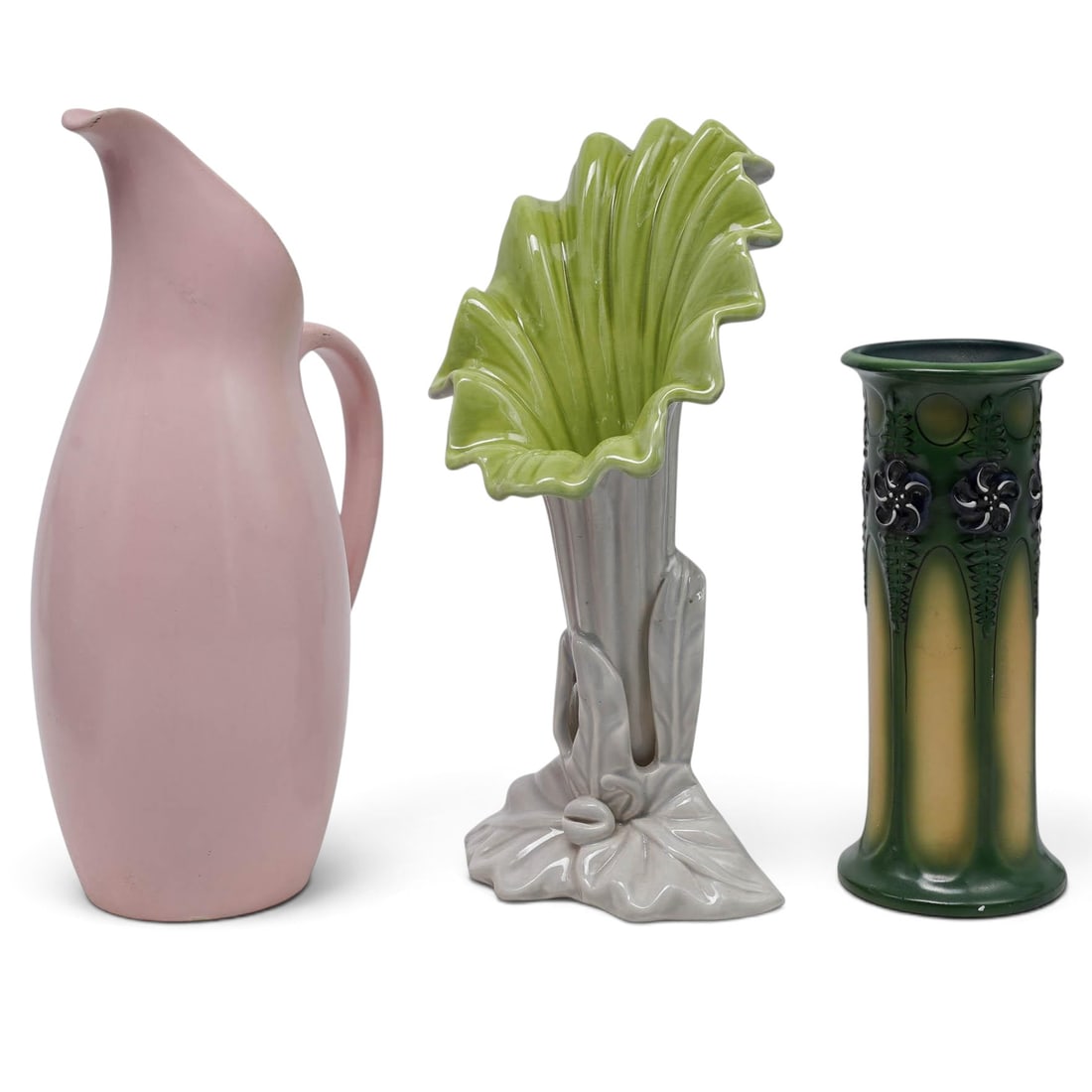 (3 pcs) American Pottery Vase Grouping: (3 pcs) American Pottery Vase Grouping 20th century (3 pc) American pottery vase grouping. H 10" - 14.75" x W 4" - 6.5"