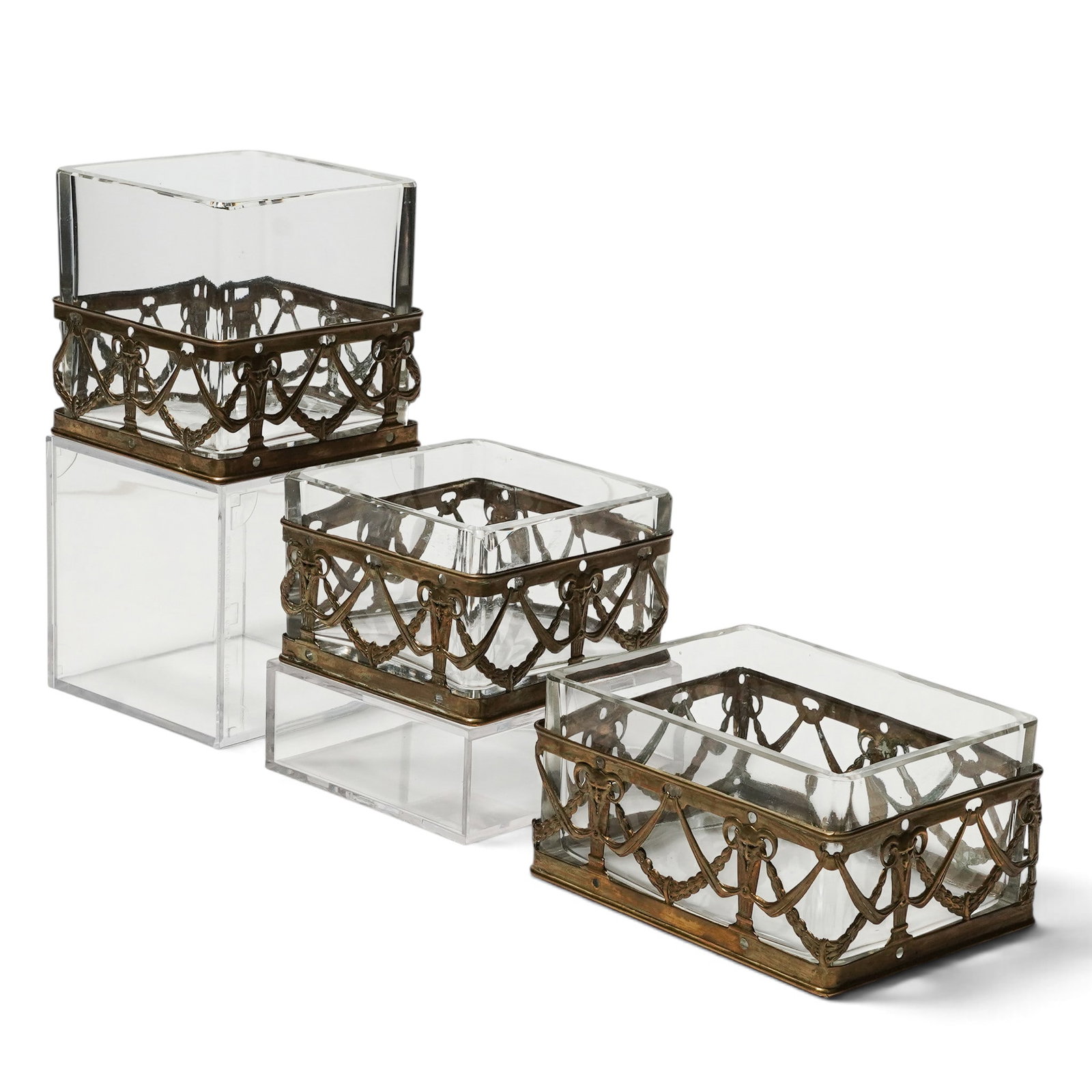 (3 pc) Brass Mounted Glass Trinket Boxes (1 of 7)