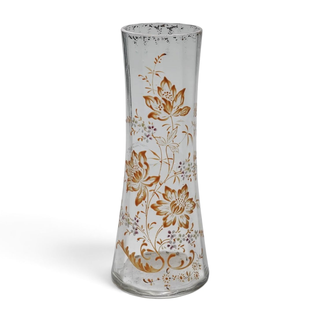 Antique Gilt Enameled Floral Glass Vase: Antique Gilt Enameled Floral Glass Vase Early 20th Century, Europe A Mclear glass vase of tall, tapering form, decorated with elaborate hand-painted floral and foliate enameling in orange, white, and 