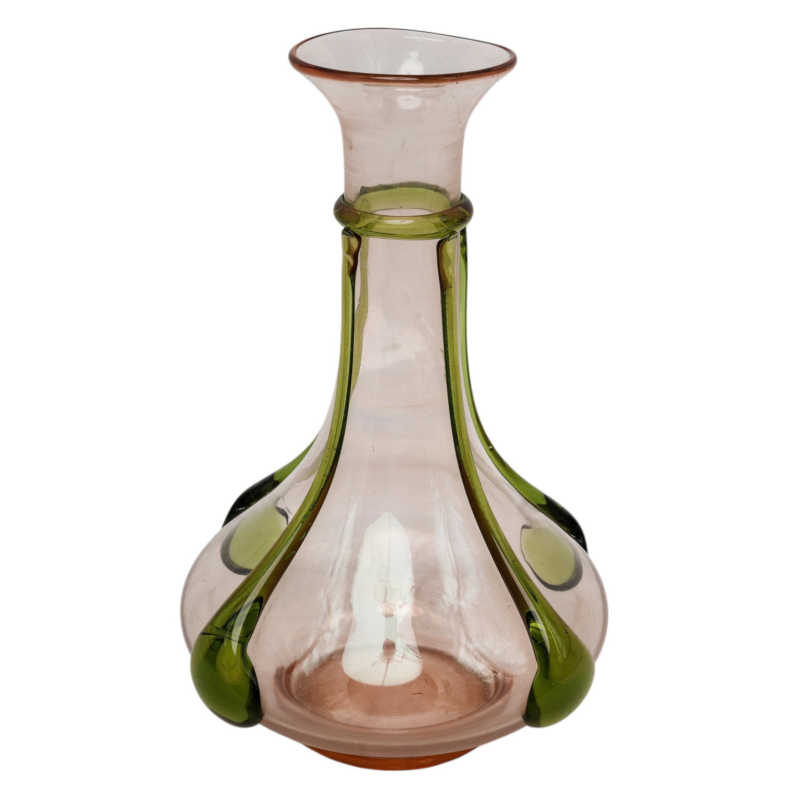 Antique Pink & Amber Art Glass Vase: Antique Pink & Amber Art Glass Vase 20th century, Pink and amber art glass vase featuring a sculptural bulbous body tapering into a long slender neck with a flared rim. Crafted from translucent pale p