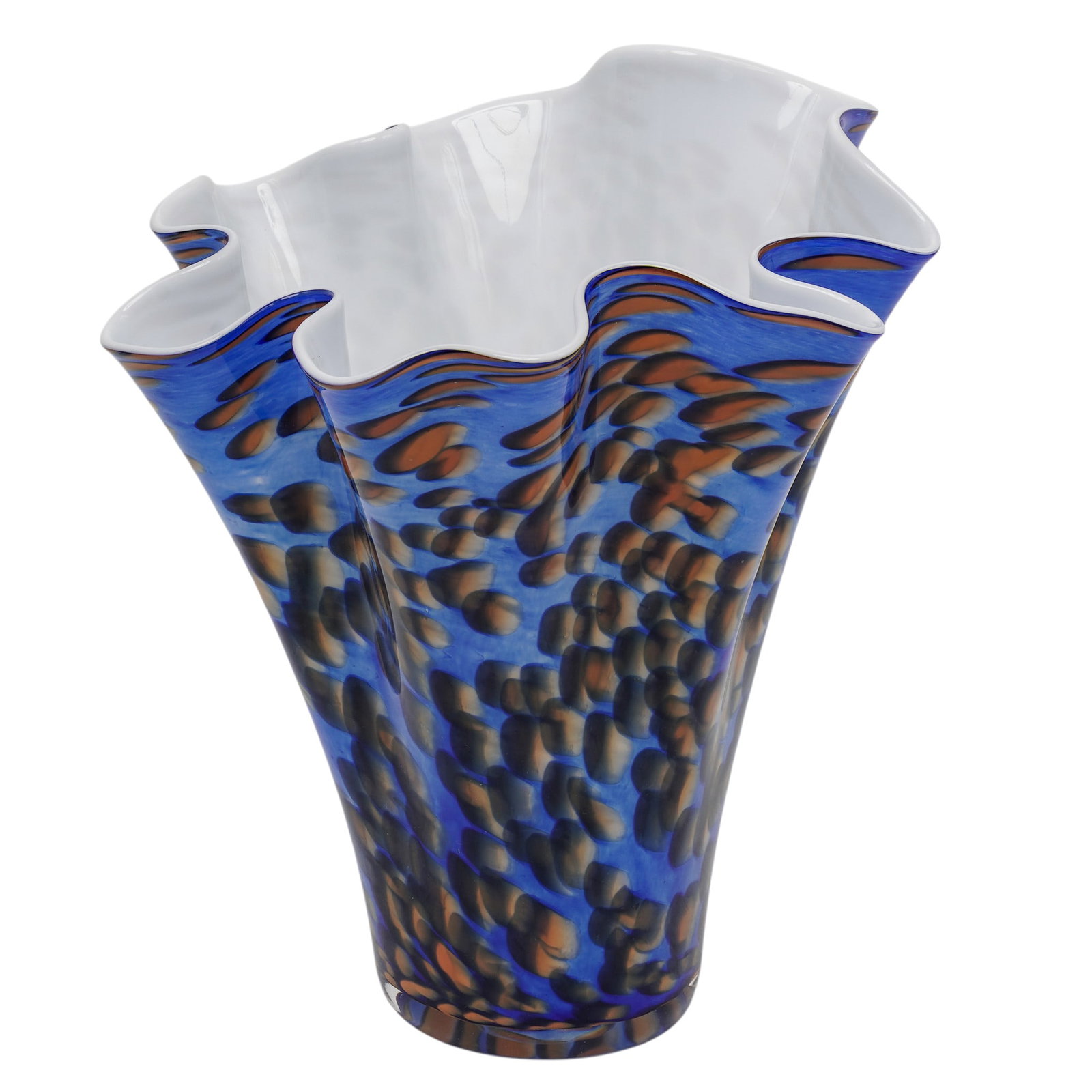 (2 pc) Alicja Poland Ruffled Handkerchief Art Glass Vases: (2 pc) Alicja Poland Ruffled Handkerchief Art Glass Vases c. 1980s, Polish Lot of 2 Alicja art glass vases featuring: (1) Cobalt blue body with golden-orange spots and a ruffled, handkerchief-style ri