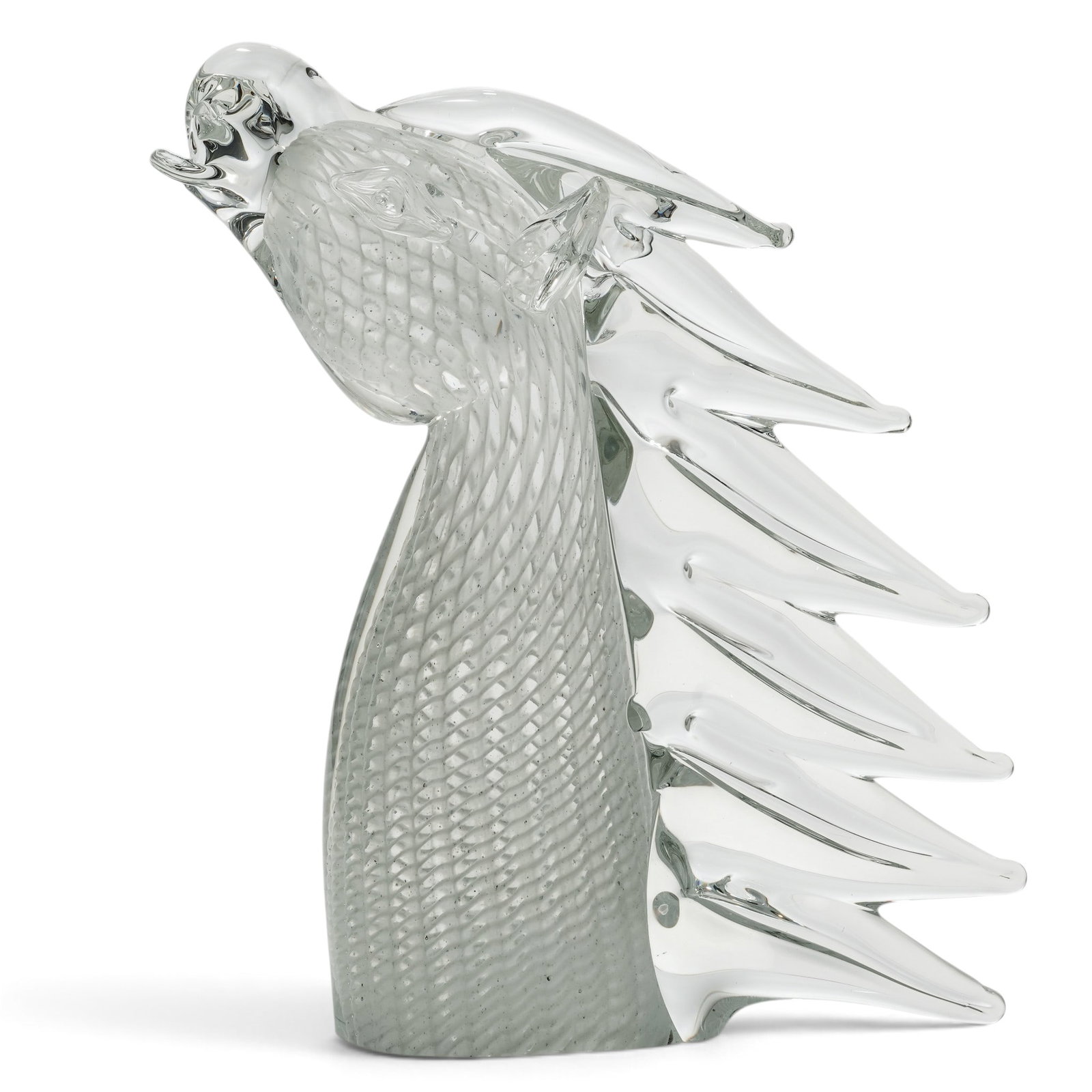 Murano Glass Horse Head Sculpture: Murano Glass Horse Head Sculpture Mid - Late 20th Cent, Italy Murano Glass Horse Head Sculpture, crafted in clear glass with a stylized horse’s head featuring defined facial features, an elongated n