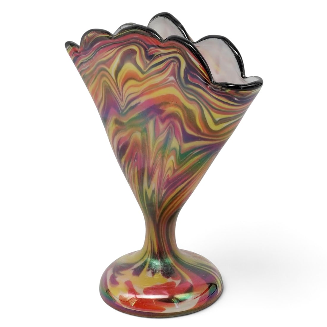 Multi Colored Art Glass Fan Vase: Multi Colored Art Glass Fan Vase 20th century Multi colored art glass fan vase designed with intense array of colors. H 8" x W 8"