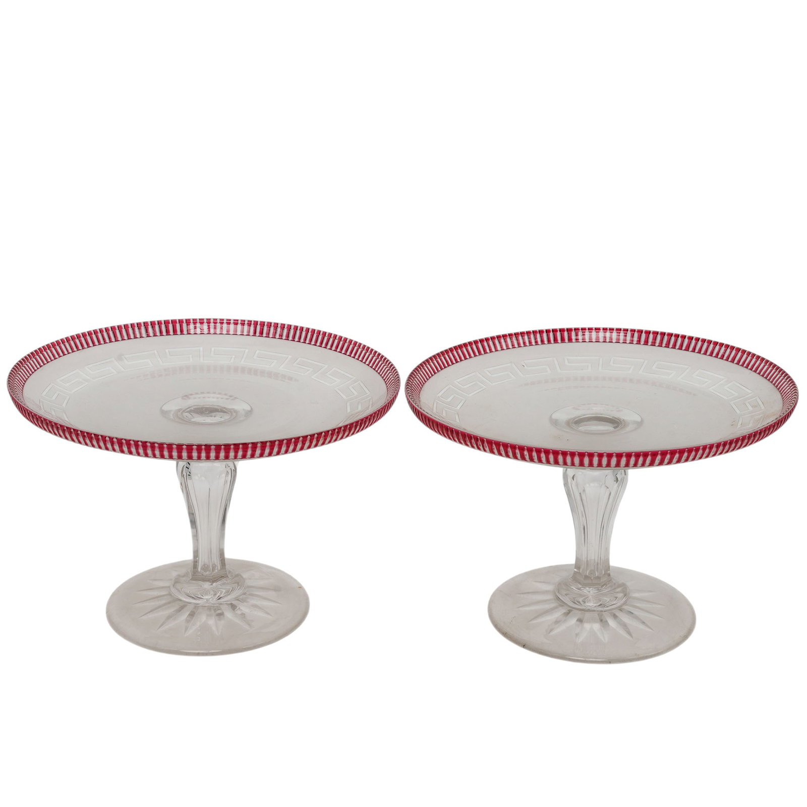 Pair Molineaux, Webb & Co. Glass Tazzas: Pair Molineaux, Webb & Co. Glass Tazzas 19th-century, English Pair of antique Victorian glass tazzas or dessert comports, attributed to Molineaux, Webb & Co., featuring frosted plateaus with engraved 