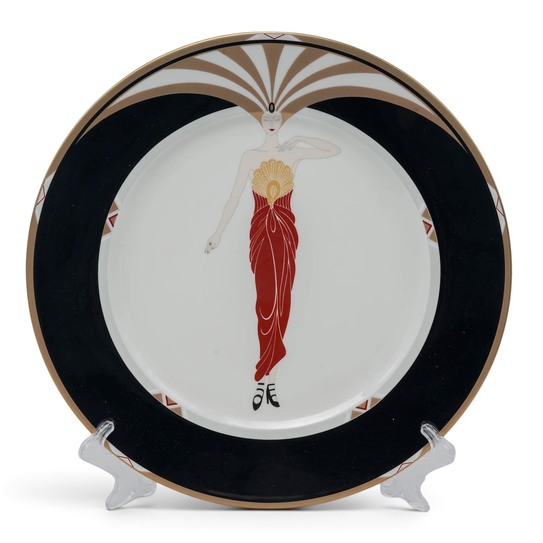 Erte x Mikasa 'Le Soleil Ebony' Bone China Plate: Erte x Mikasa 'Le Soleil Ebony' Bone China Plate 1985, Japan Erté “Le Soleil Ebony” Art Deco charger plate, produced by Mikasa in 1985. Executed in bone china with a central stylized female f