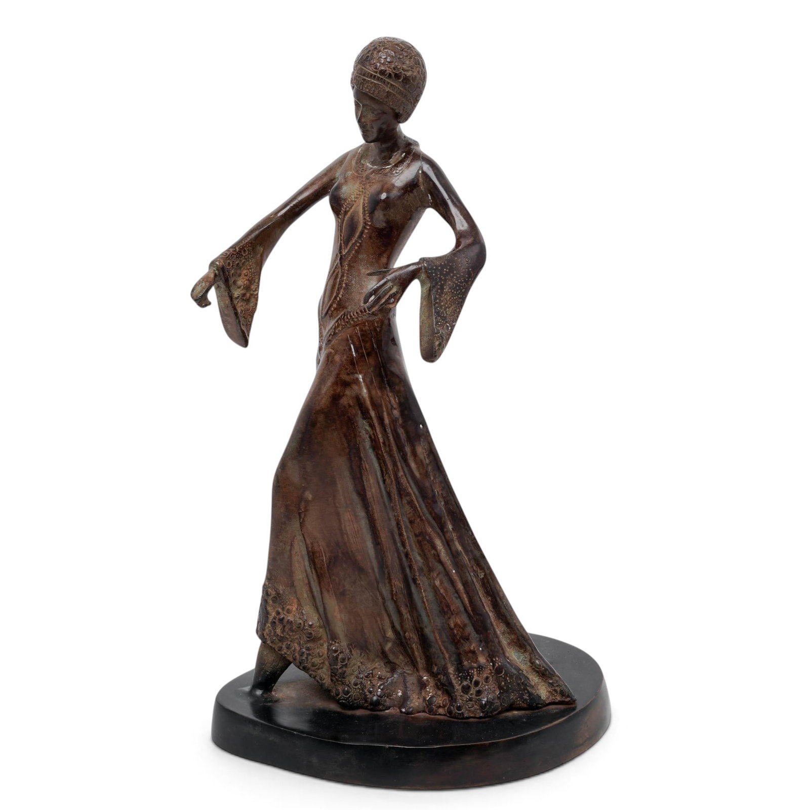 Demetre Chiparus Style Bronze Dancer Sculpture: Demetre Chiparus Style Bronze Dancer Sculpture 20th century, European Art Deco manner patinated bronze sculpture depicting a dancer, designed in the style of Demetre Dimitri Haralamb Chiparus. The fig