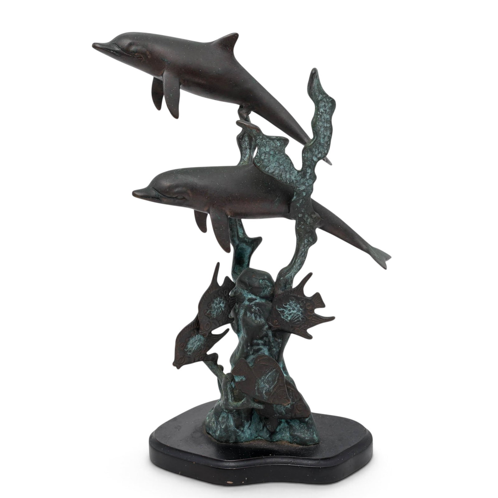 Vintage Patinated Bronze Dolphin Sculpture: Vintage Patinated Bronze Dolphin Sculpture 20th century, USA Vintage patinated bronze dolphin sculpture. It features two dolphins leaping above a stylized coral reef base decorated with smaller sea cr