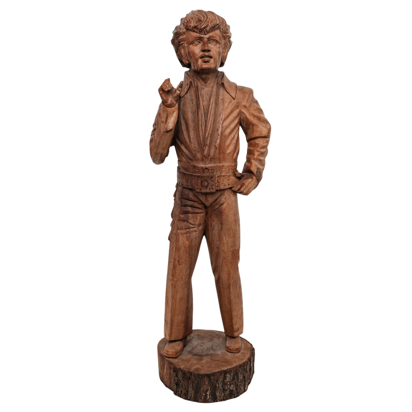 Carved Wooden Elvis Presley Statue: Carved Wooden Elvis Presley Statue Large wooden sculpture of Elvis Presley, intricately carved hair, shirt, belt with buckle, and boots, on a round wooden base. H 37 1/2" x W 13" x D 9"