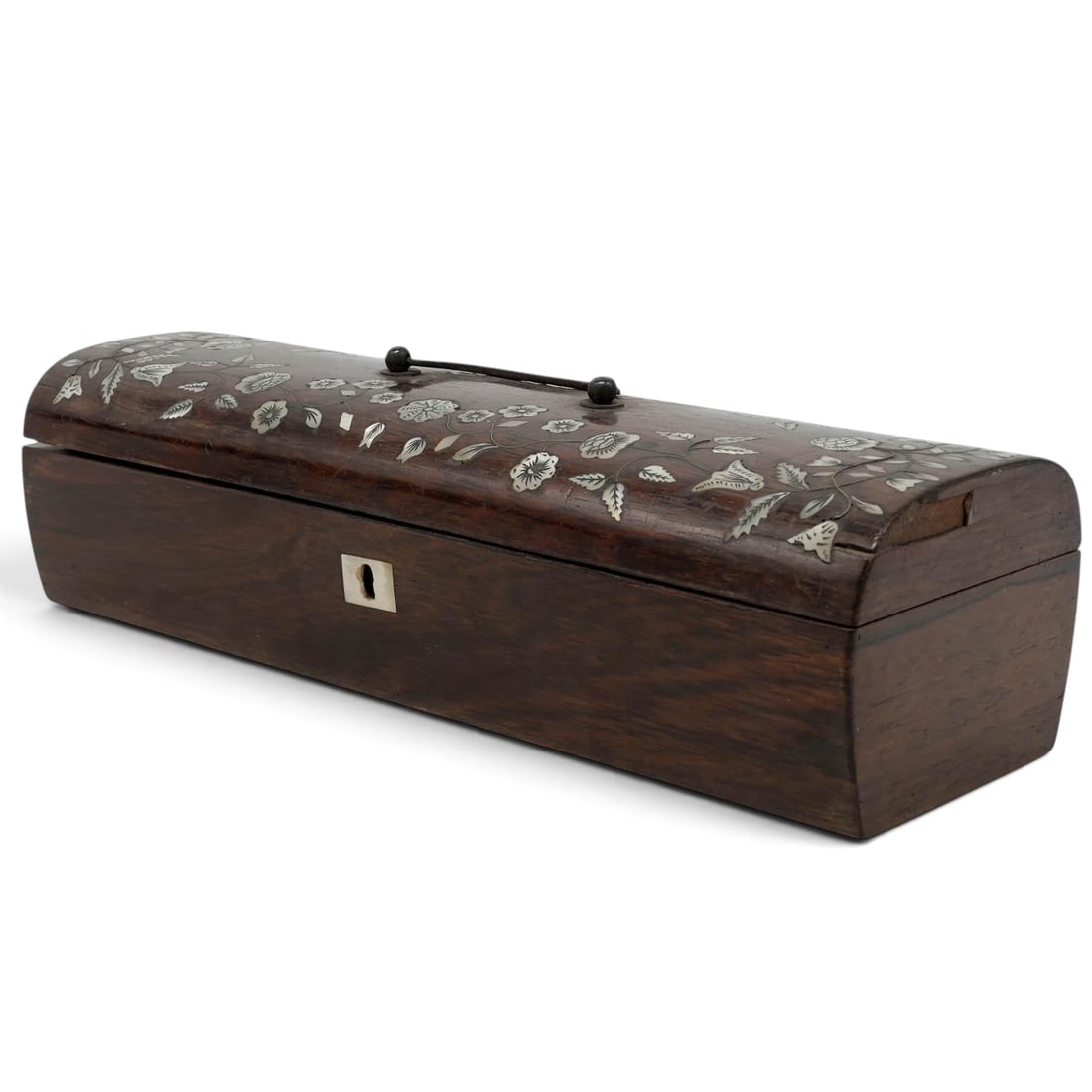 Antique English Rosewood & Mother-of-Pearl Inlay Box: Antique English Rosewood & Mother-of-Pearl Inlay Box Late 19th to early 20th Cent. English This Victorian-era box features a domed lid decorated with intricate hand-cut mother-of-pearl floral panels
