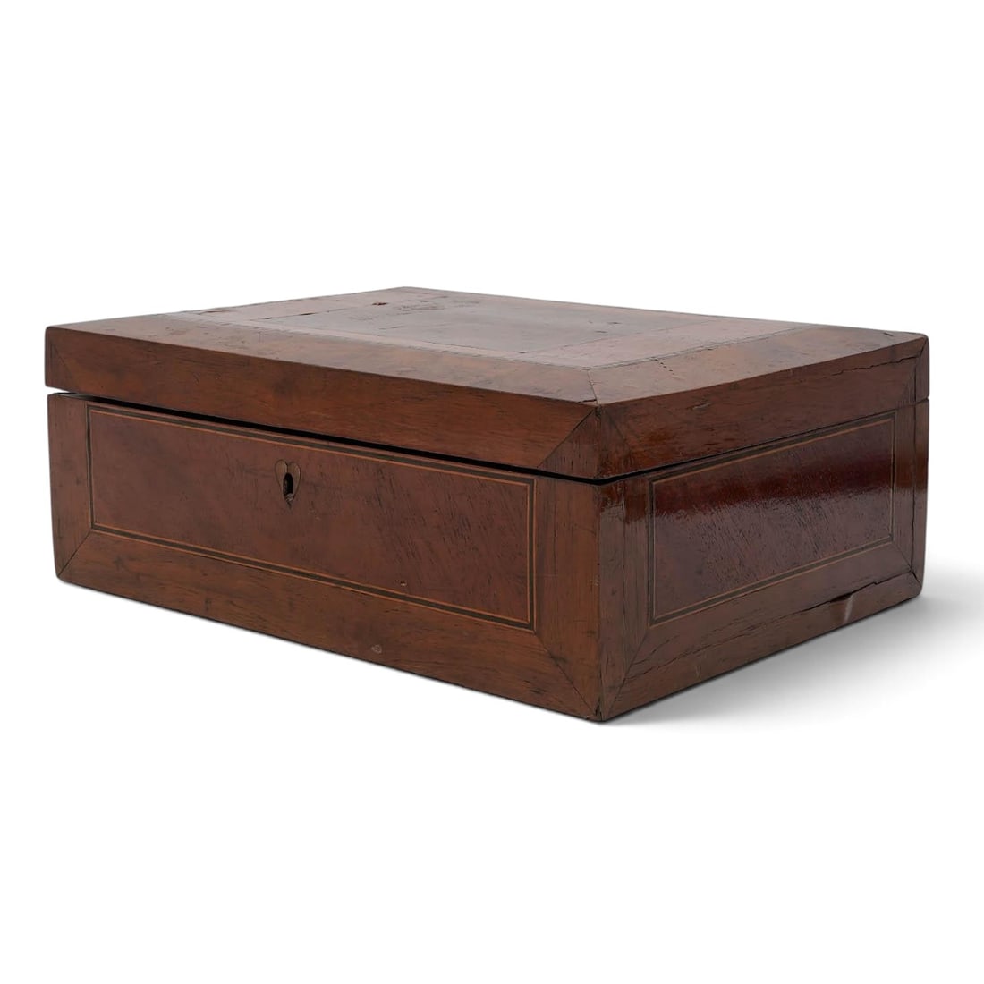 Antique English Campaign Wood Sewing Box: Antique English Campaign Wood Sewing Box Late 19th to early 20th Cent., English A rectangular campaign-style box crafted from polished hardwood, featuring a subtle inlaid border line on the front pane