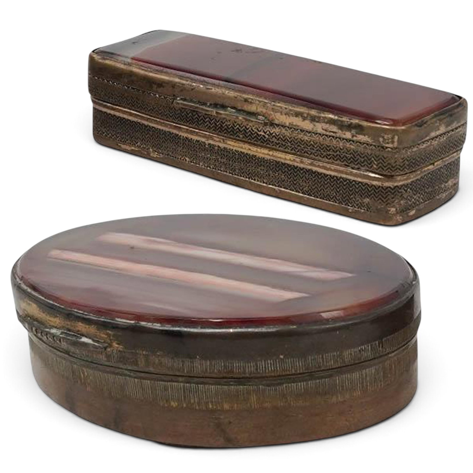 (2 pc) Antique French Red Agate & Brass Snuff Boxes (1 of 7)