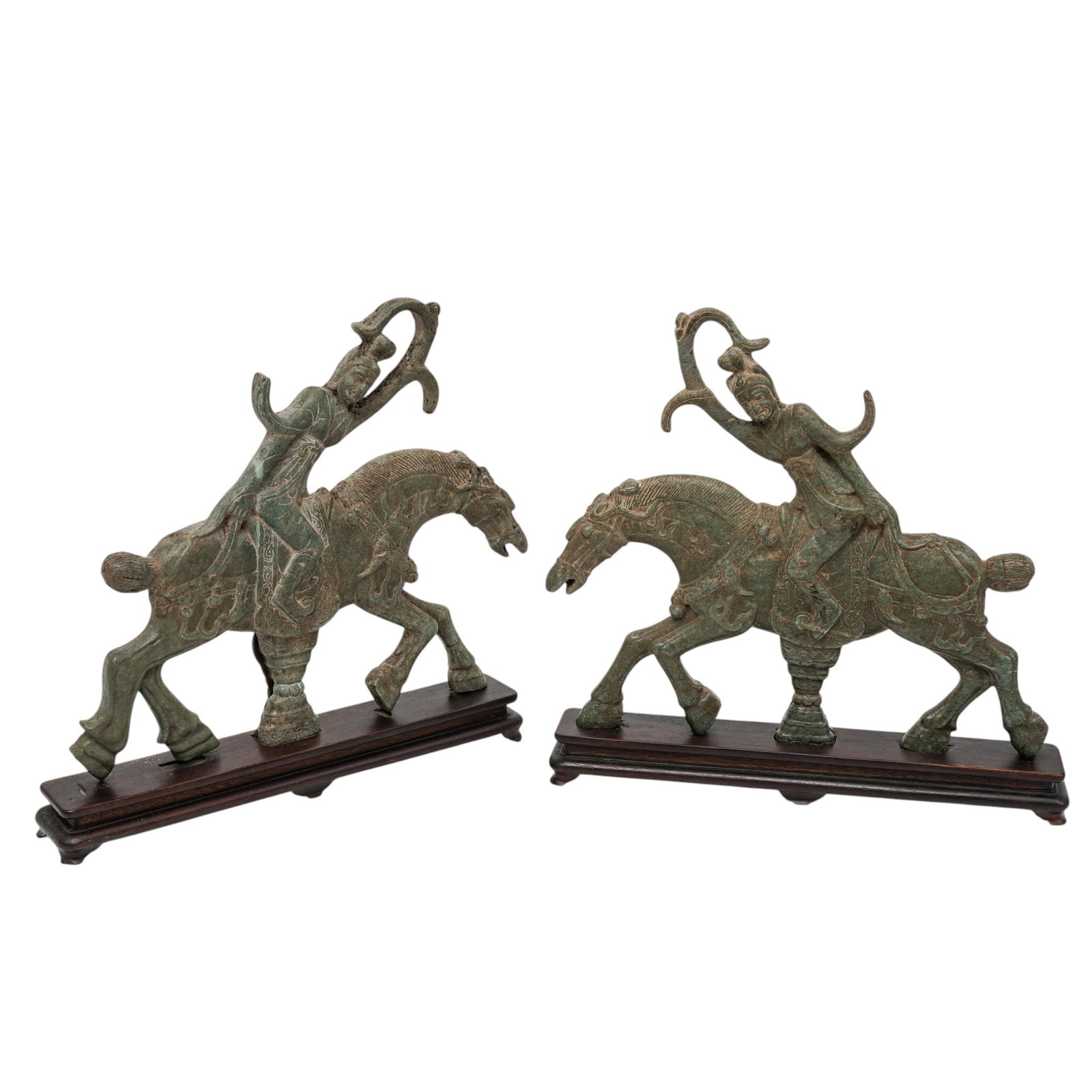 Large Chinese Tang Dynasty-Style Equestrian Sculptures: Large Chinese Tang Dynasty-Style Equestrian Sculptures 19th Cent, Possibly older Chinese Pair of Chinese Tang Dynasty-style equestrian sculptures, carved from mottled green hardstone with natural