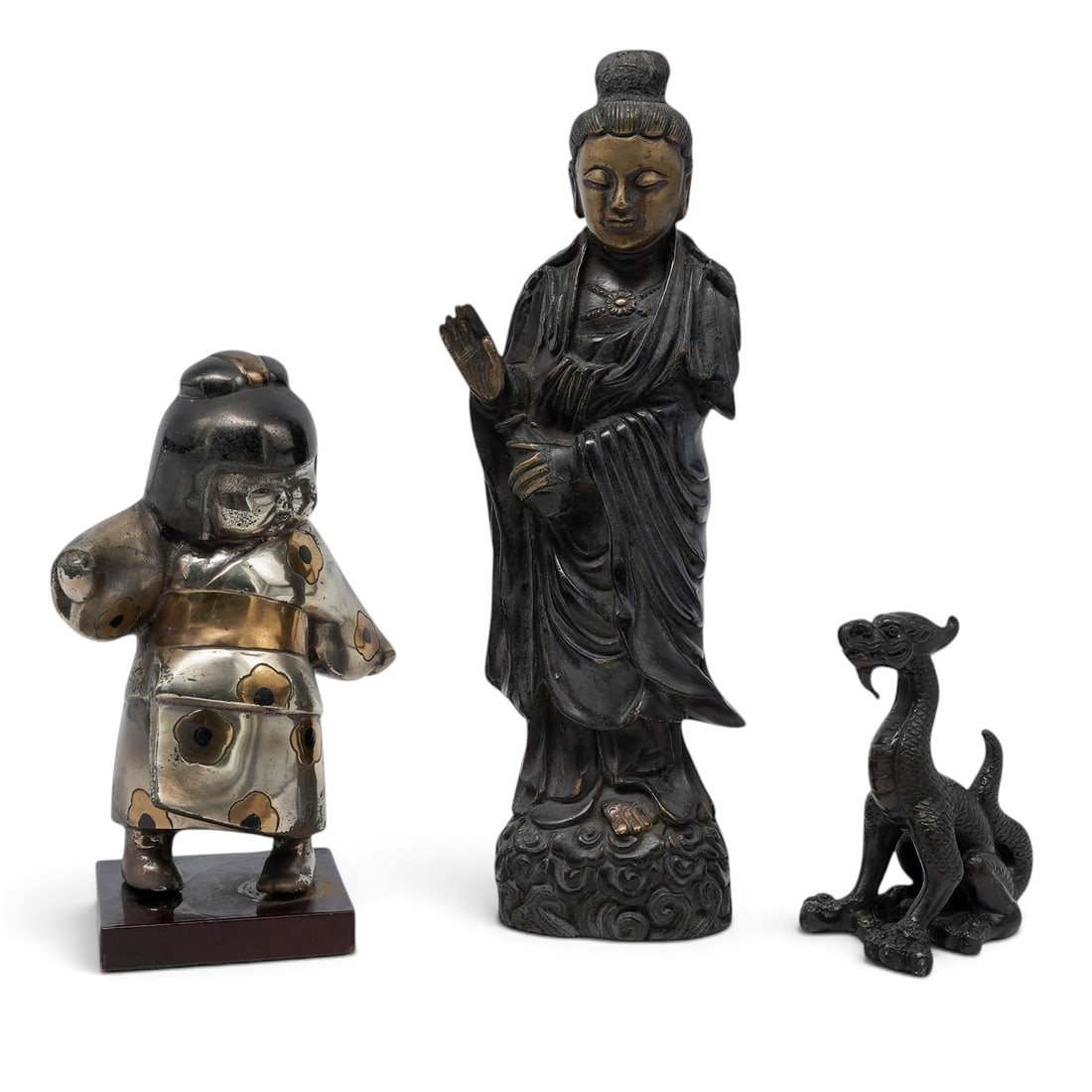 (3 pc) Vintage Group of Bronze Okimono, Guanyin, Dragon Figurines: (3 pc) Vintage Group of Bronze Okimono, Guanyin, Dragon Figurines Mid-20th Century, China/Japan A group of three vintage Chinese figural sculptures comprising a gilt-decorated bronze figure of a