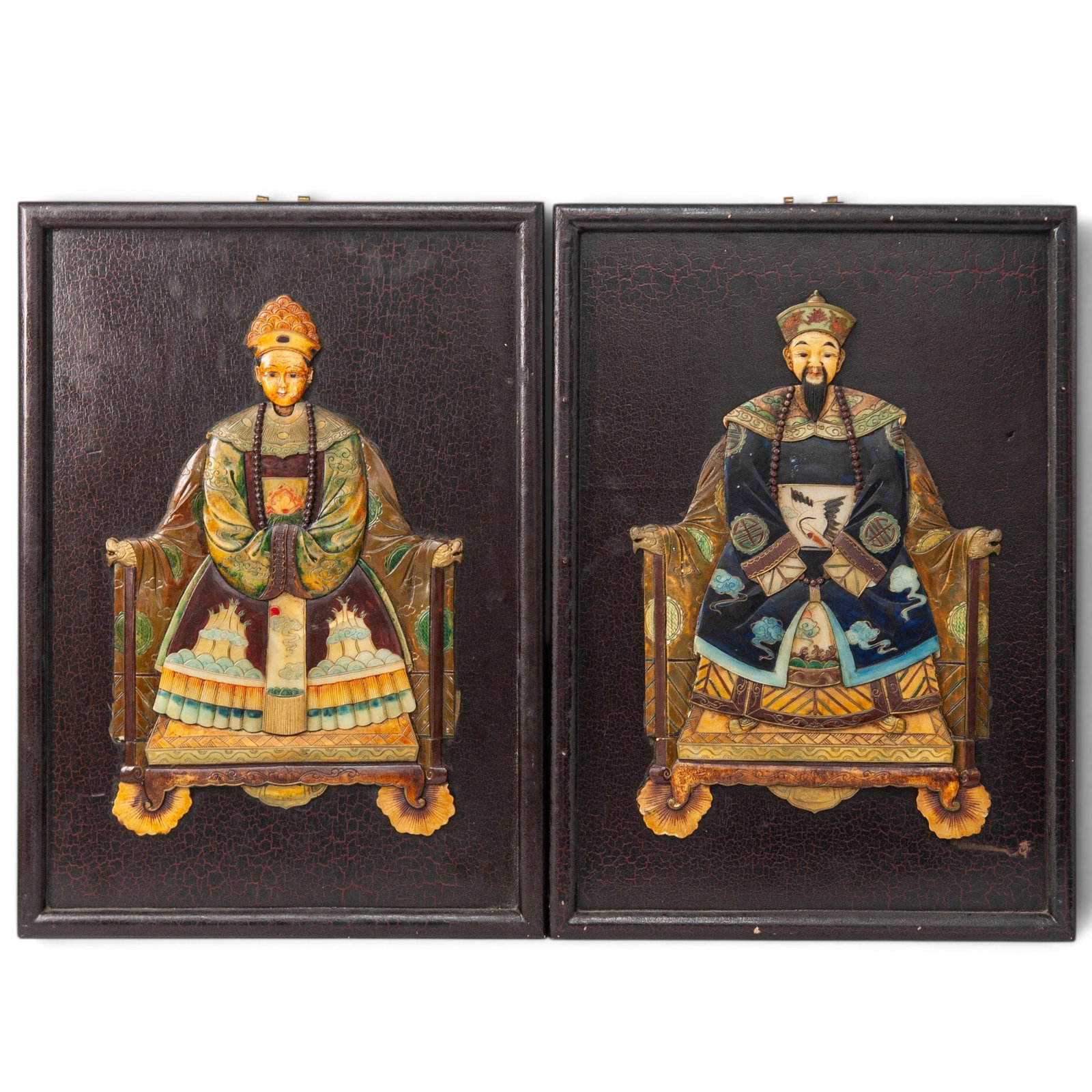 (2pc) Chinese Emperor & Empress Carved Stone & Resin Wall Plaques: (2pc) Chinese Emperor & Empress Carved Stone & Resin Wall Plaques Mid 20th Cent., Chinese Vintage mid-century framed wall plaques depicting a seated Chinese emperor and empress. Crafted from carved mi