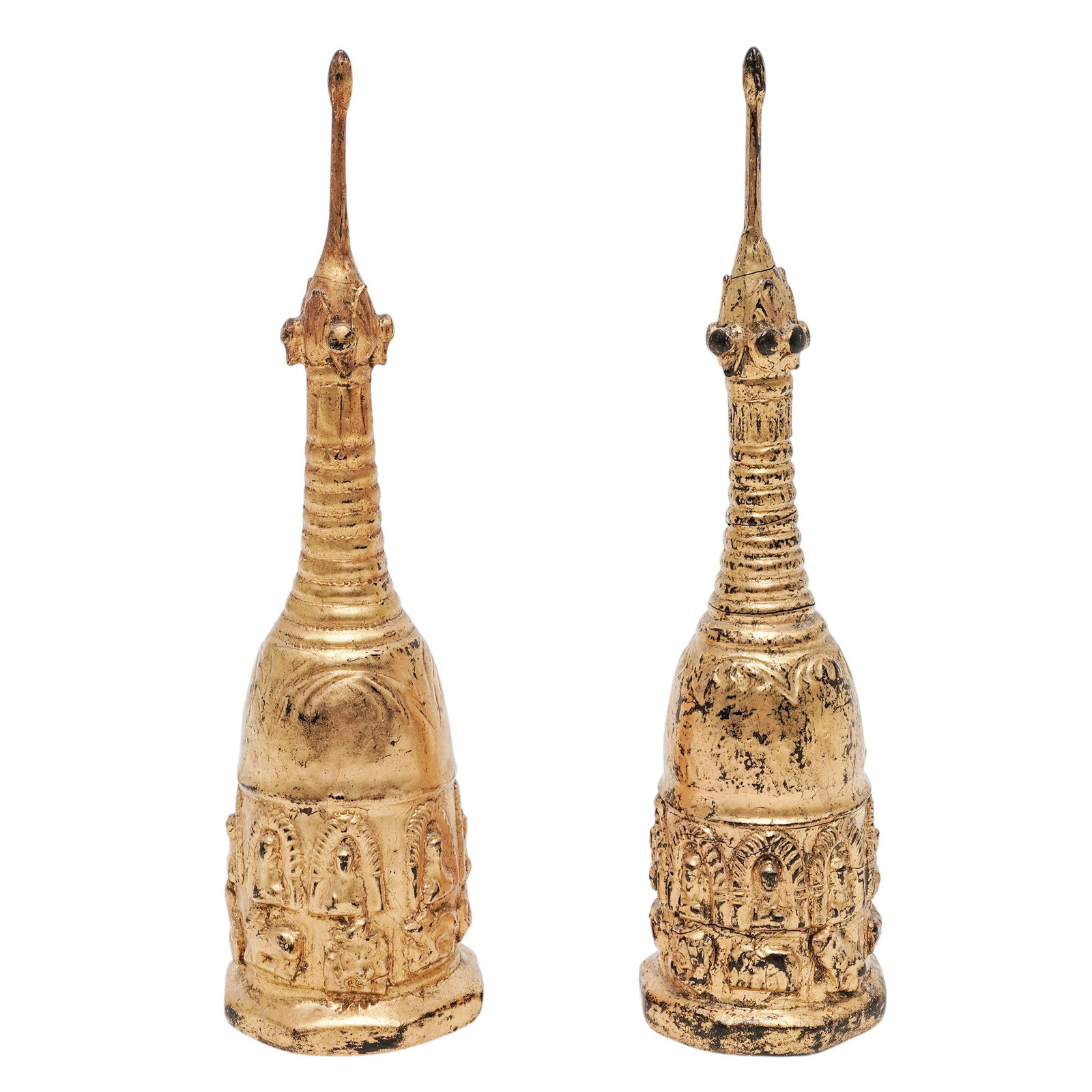 Pair Antique Burmese Miniature Stupas: Pair Antique Burmese Miniature Stupas 19th century, Burmese Pair of antique Burmese miniature stupas (Zedediya), crafted in traditional tiered bell-form reliquary designs with gilt decoration. Each