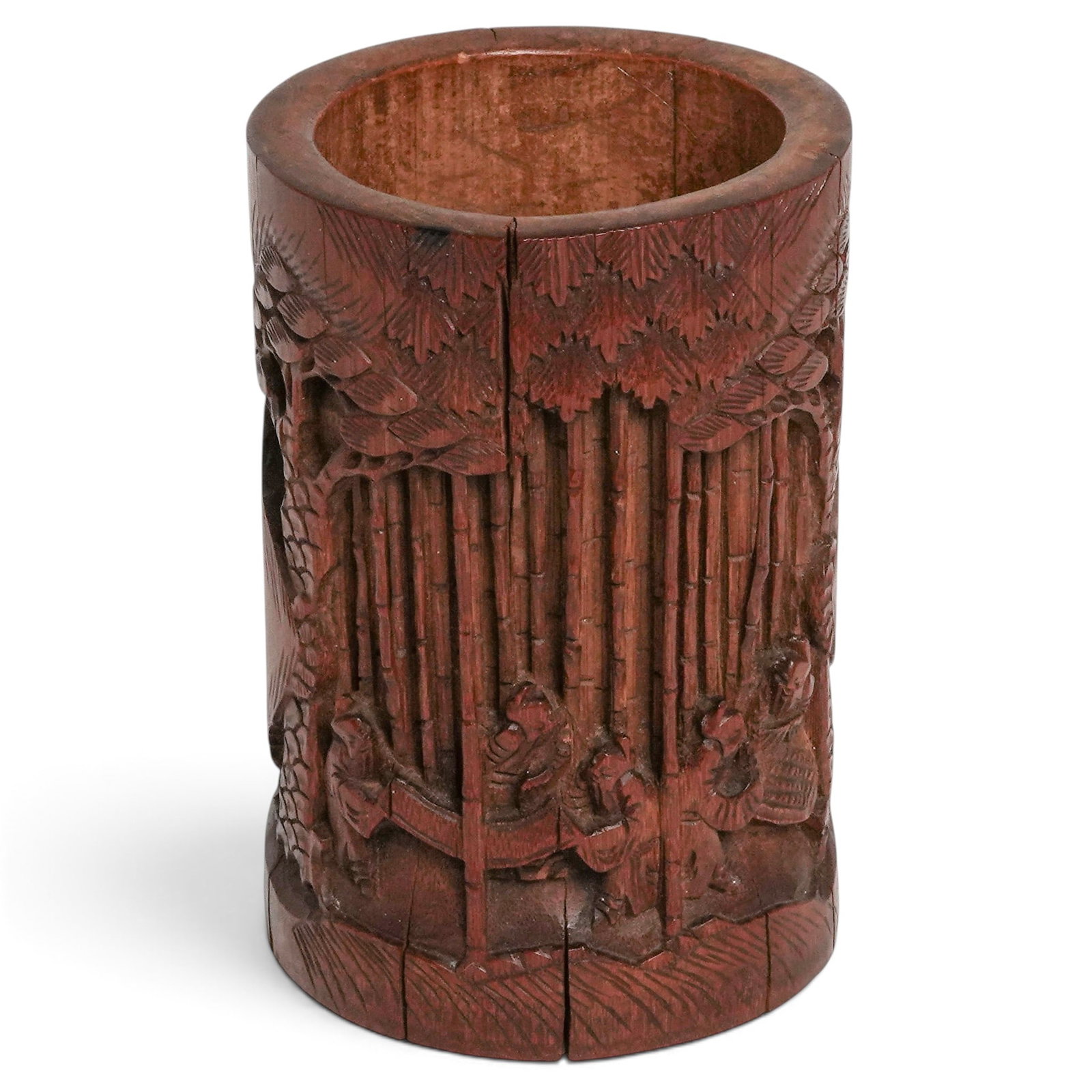 Chinese Carved Bamboo Wiseman Brush Pot: Chinese Carved Bamboo Wiseman Brush Pot 19th century, Chinese Brush pot traditionally used by scholars to hold calligraphy brushes, these cylindrical vessels are crafted from a single section of