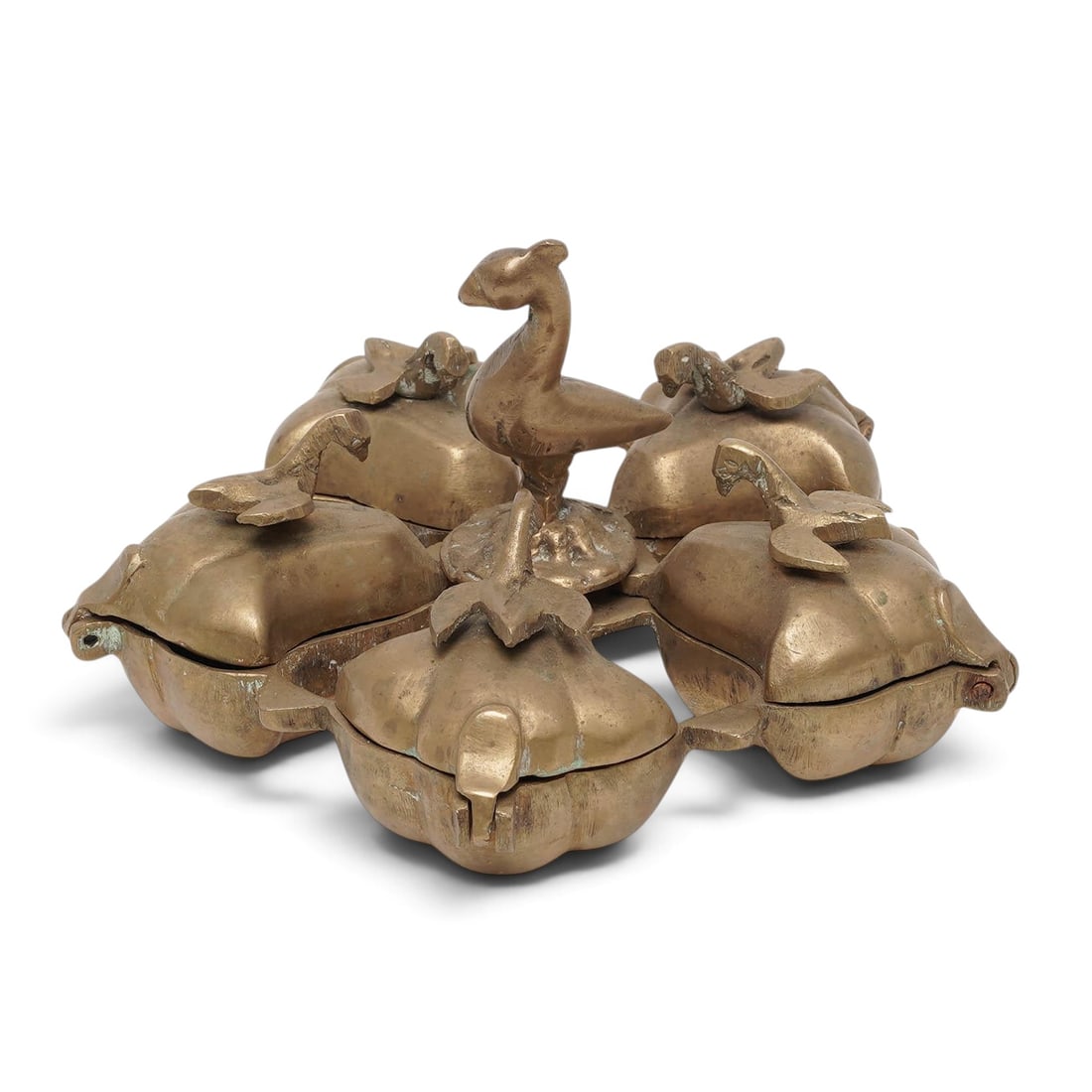 Antique Indian Brass Kumkum Tikka Box: Antique Indian Brass Kumkum Tikka Box 19th - Early 20th Cent, India Antique Indian brass kumkum/tikka box or ceremonial spice container, with four lidded compartments arranged around a central raised