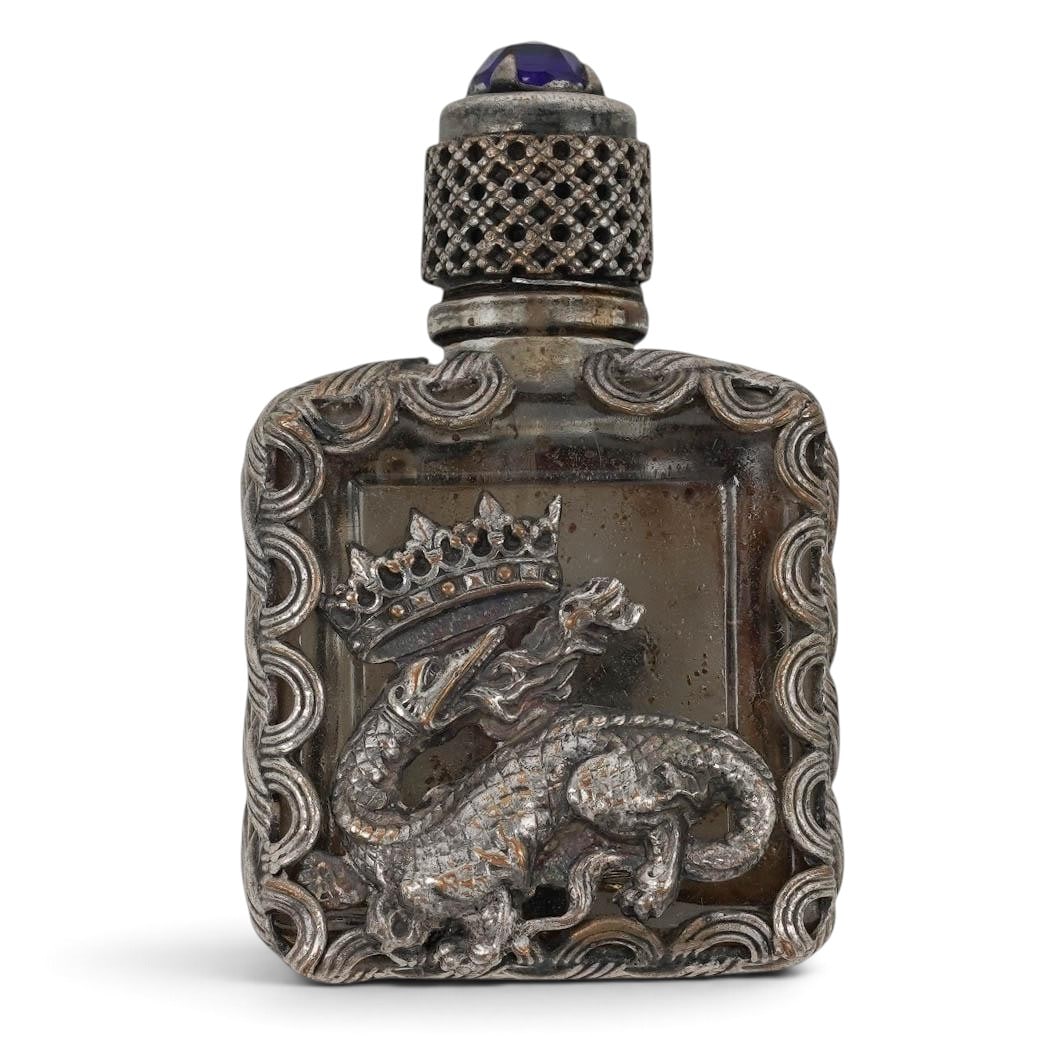 Chinese Miniature Dragon Snuff Bottle: Chinese Miniature Dragon Snuff Bottle 19th-20th century, Chinese Miniature Silverplated dragon snuff bottle with Amethyst glass stopper. H 1.75" x W 1.125"