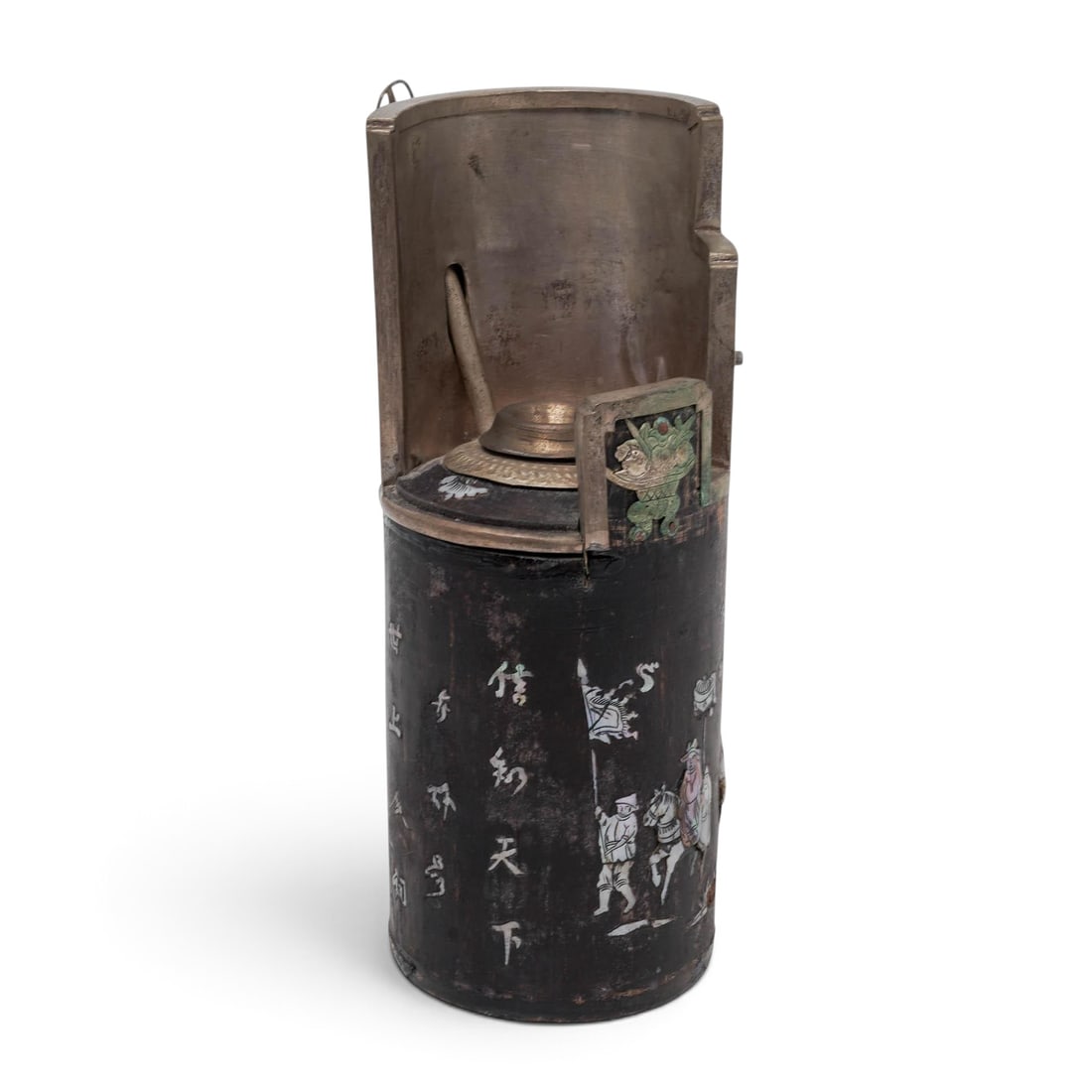 Chinese Qing Wood, Pewter & MOP Opium Lamp: Chinese Qing Wood, Pewter & MOP Opium Lamp Late19th to early 20th Cent., Chinese This antique late-Qing Dynasty Chinese opium lamp base consists of an upper white-metal wind shield mounted to a