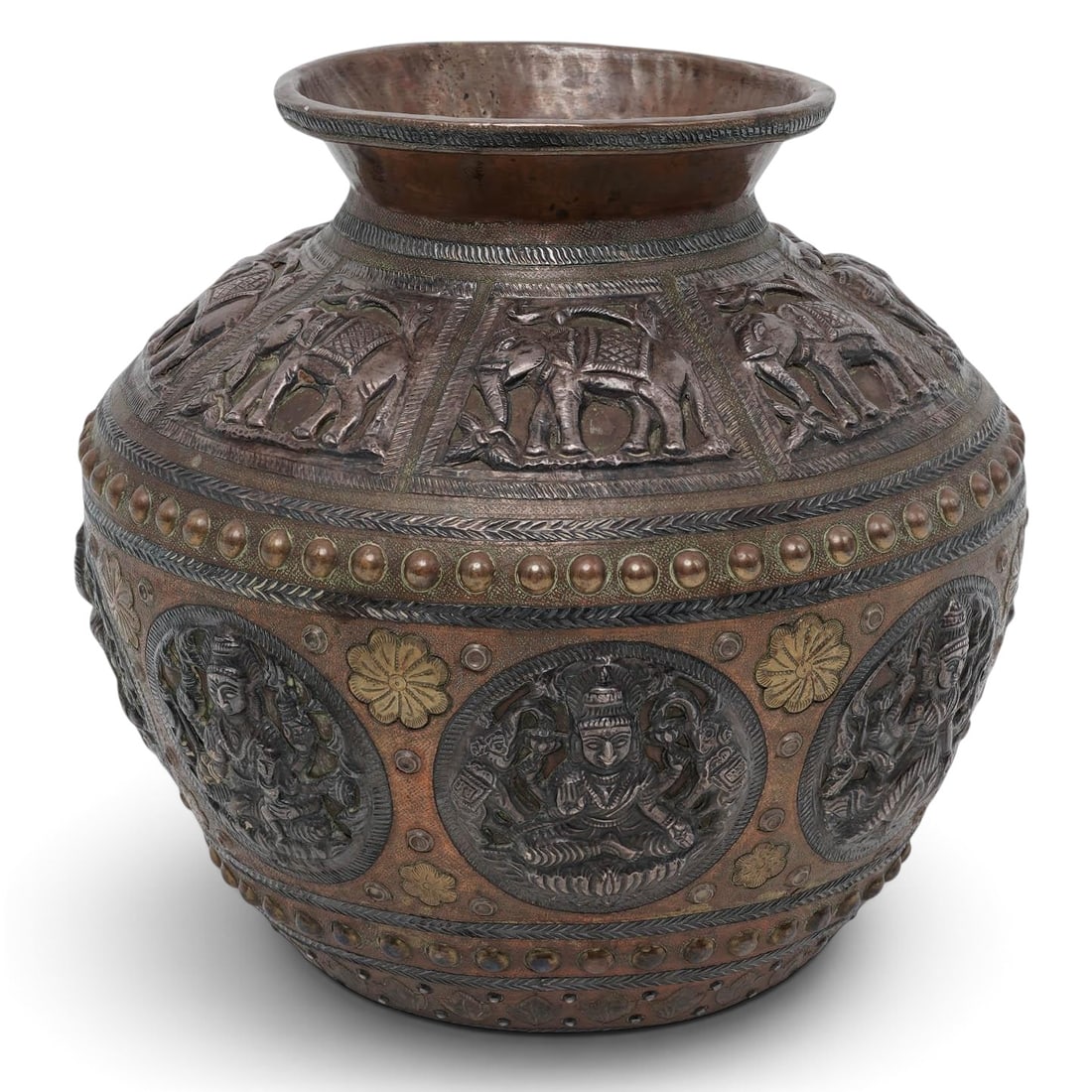 Antique Indian Silver, Brass & Bronze Ashtalakshmi Kalash: Antique Indian Silver, Brass & Bronze Ashtalakshmi Kalash Late 19th to early 20th Cent. Indian Antique South Indian Tanjore ritual water vessel (lota) featuring a mixed brass and copper body richly