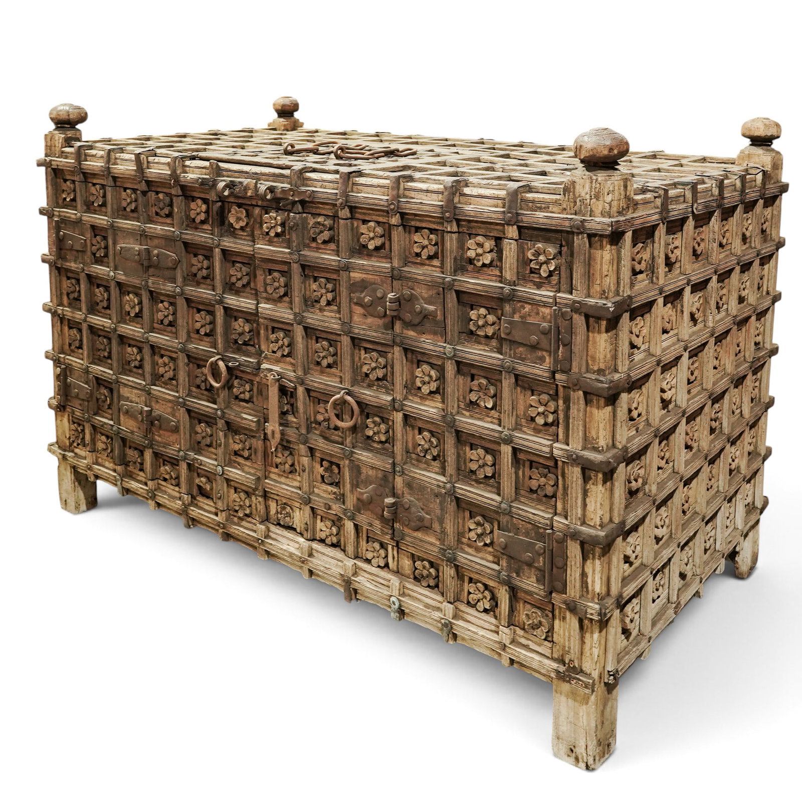 Large Carved Wood Indian Dowry Chest: Large Carved Wood Indian Dowry Chest Late 18th-Early 19th Century, India Large Indian carved wood dowry chest of substantial rectangular form, elaborately decorated throughout with repeating