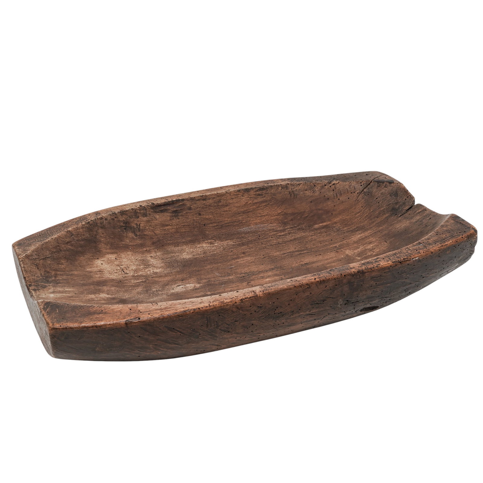 Vintage Hand-Carved Large Wooden Dough Bowl Parat: Vintage Hand-Carved Large Wooden Dough Bowl Parat c. 1890s–1930s, India Northern Indian hand-carved wooden dough bowl or parat, featuring a deep trough-form body with a rich aged patina, visible too
